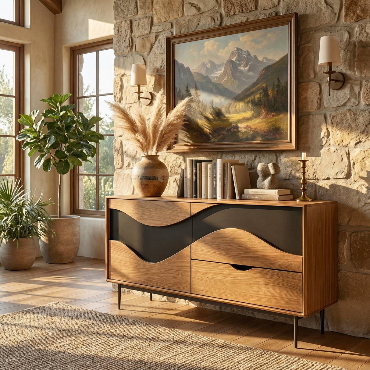 Wave Front Sideboard Cabinet, Sculptural Storage Credenza for Modern Rustic Interiors