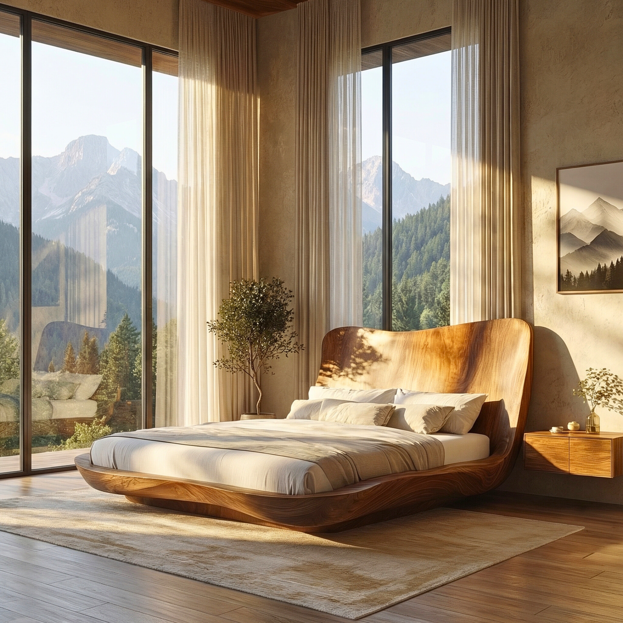 Wraparound Solid Wood Platform Bed with Sculpted Headboard
