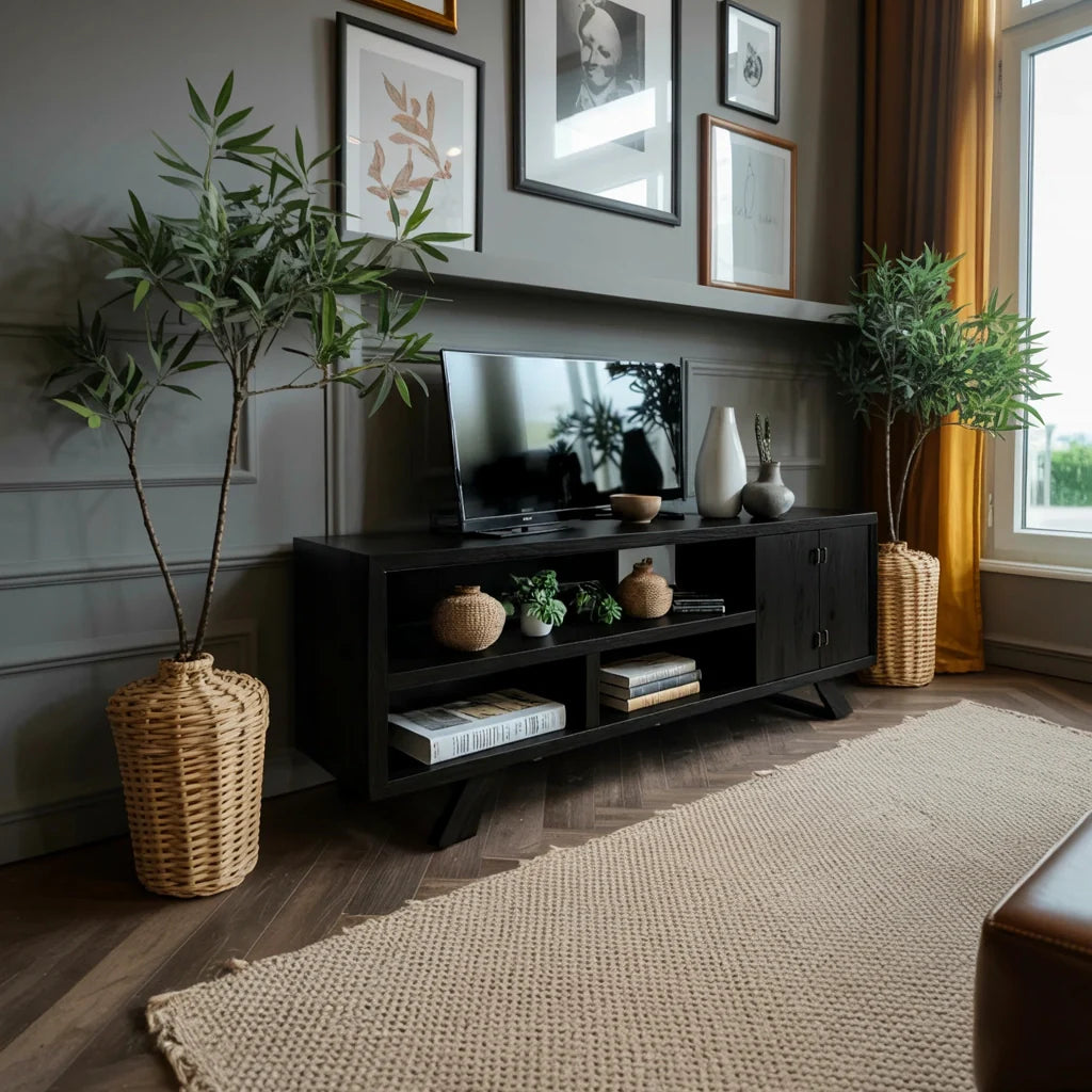 Solid Wood Media Console with Open Shelving and Minimalist Form