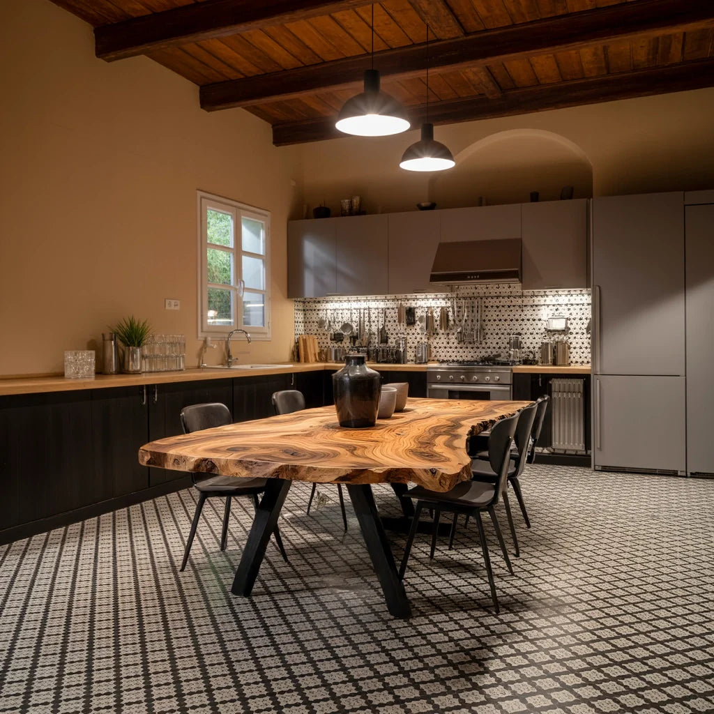 Live Edge Solid Wood Dining Table with Sculptural X Base for Modern Homes