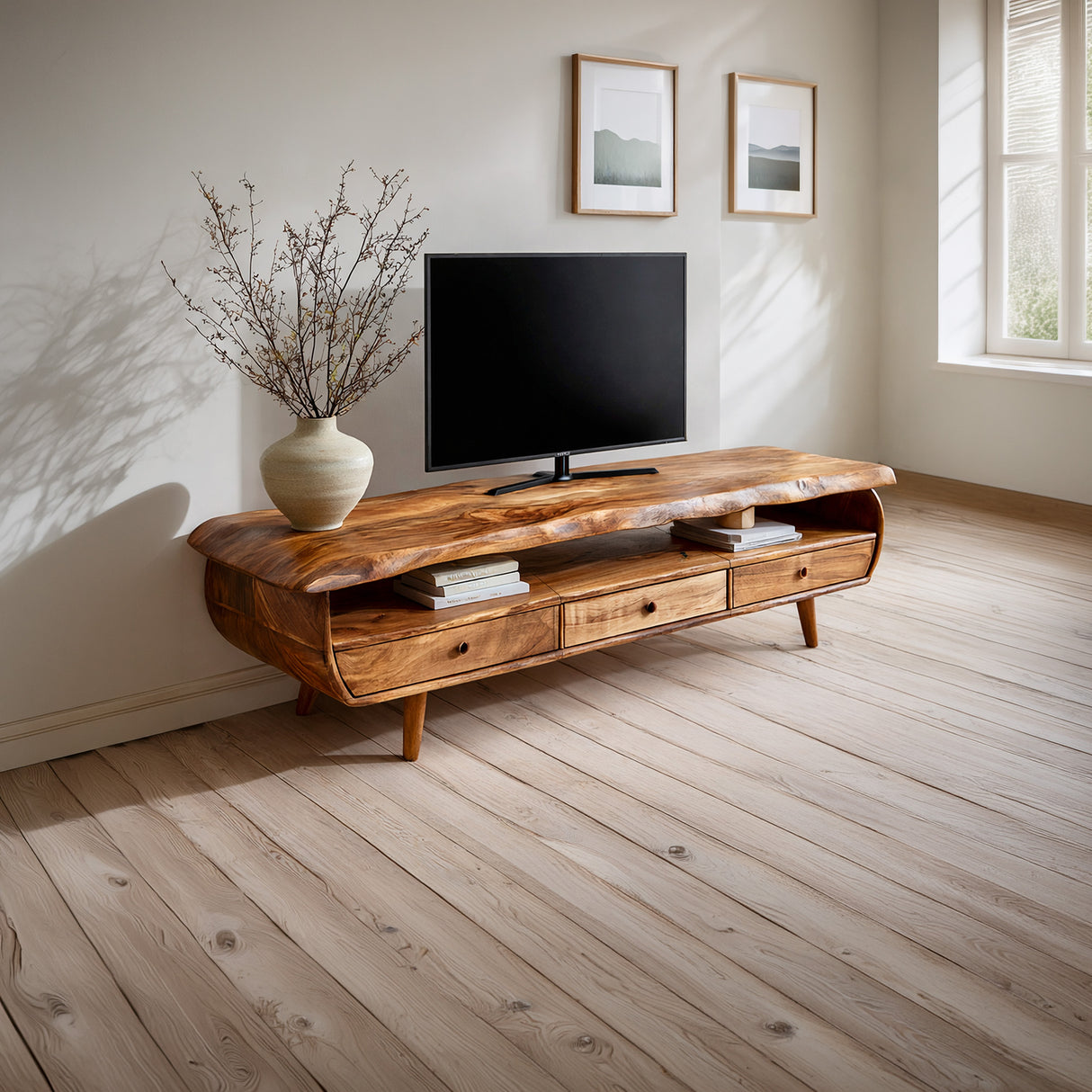 Live Edge Solid Wood TV Console with Sculpted Frame