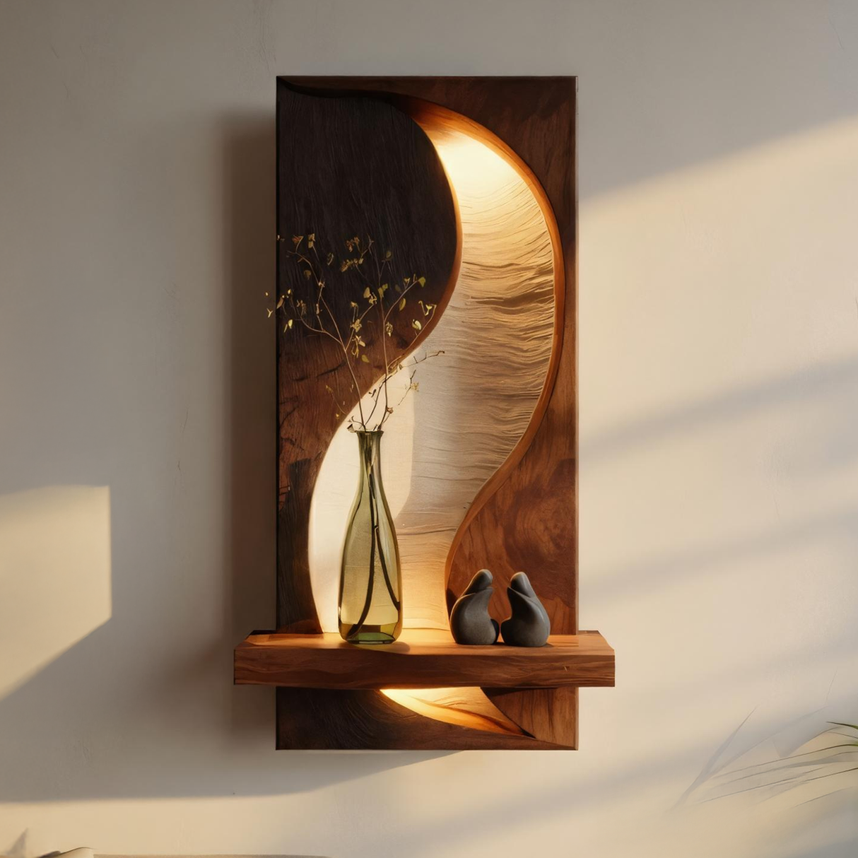 Illuminated Solid Wood Wall Panel with Floating Shelf