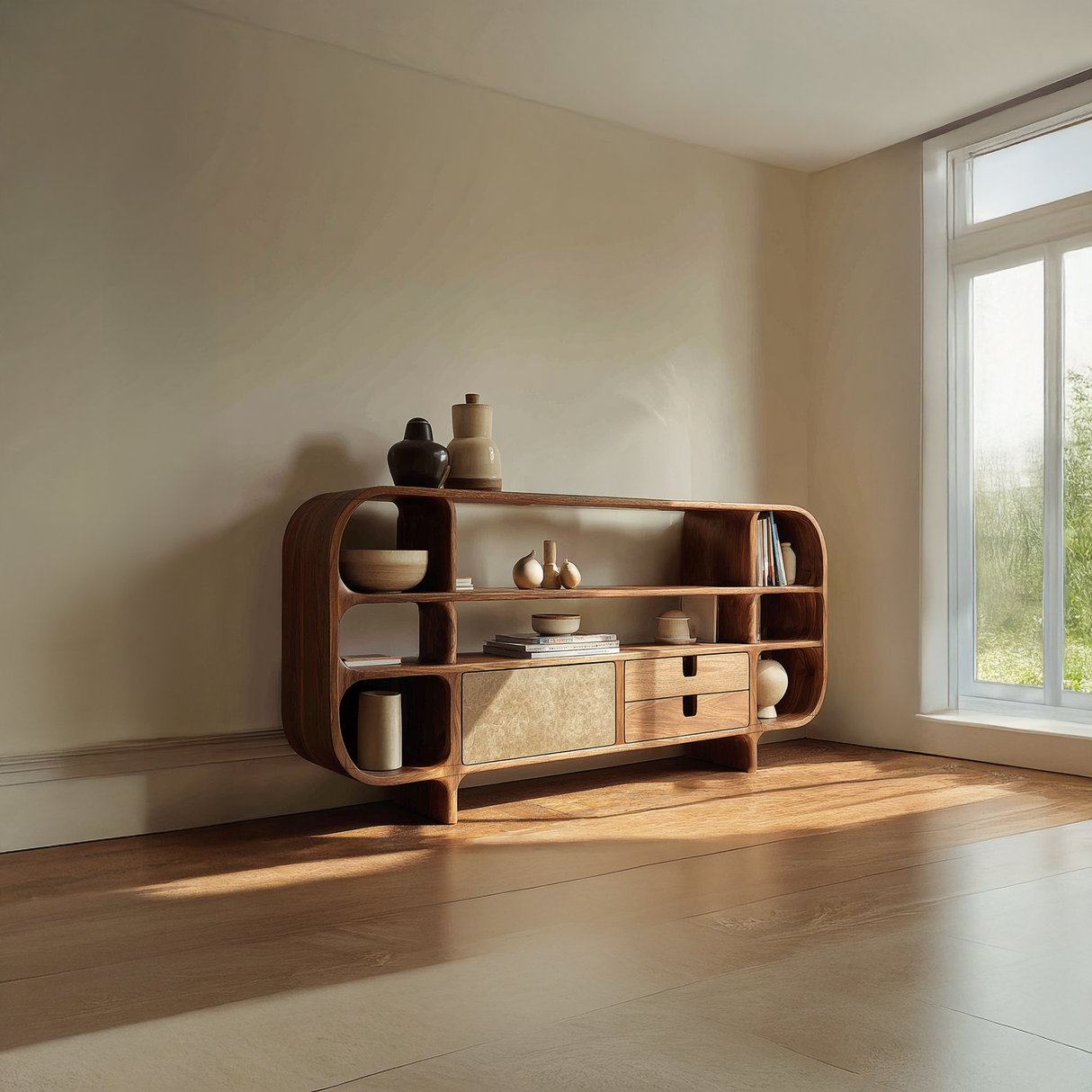 Handcrafted Solid Wood Sideboard with Rounded Open Shelves and Drawers
