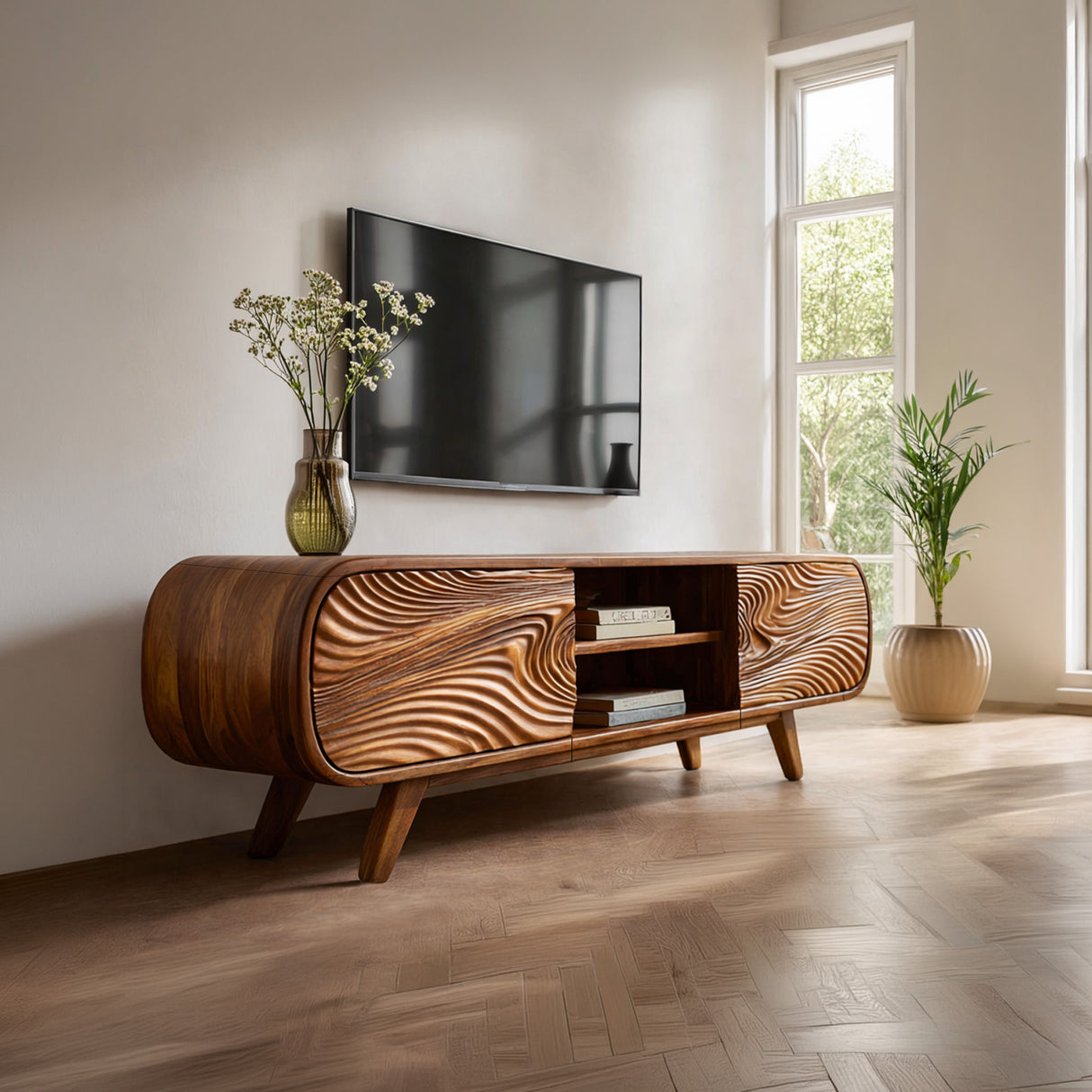 Handcrafted Solid Wood Media Cabinet with Sculpted Grain