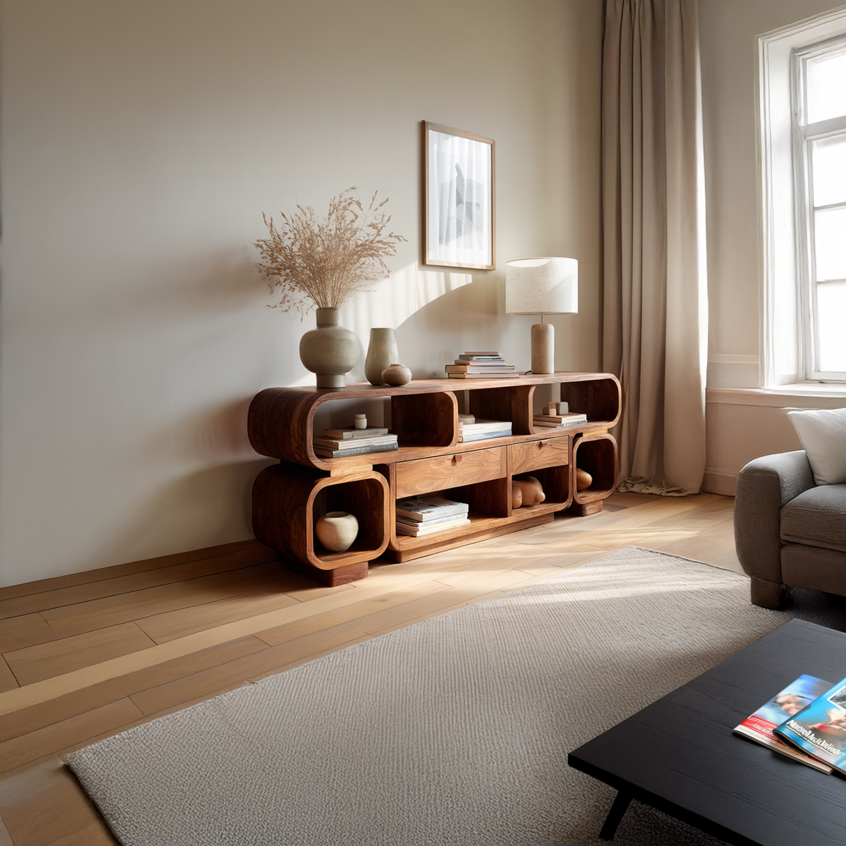 Living Room Sideboard Solid Wood Sideboard Modern Organic Wooden Credenza Curved Open Shelf Buffet Cabinet Sculptural Storage Console Natural Wood