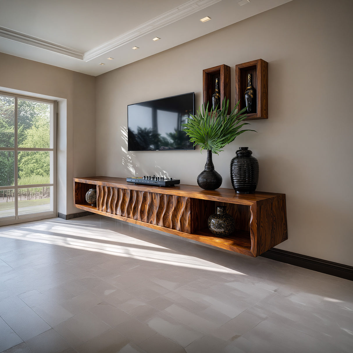 Floating Sculpted Wood TV Console with Wave Front