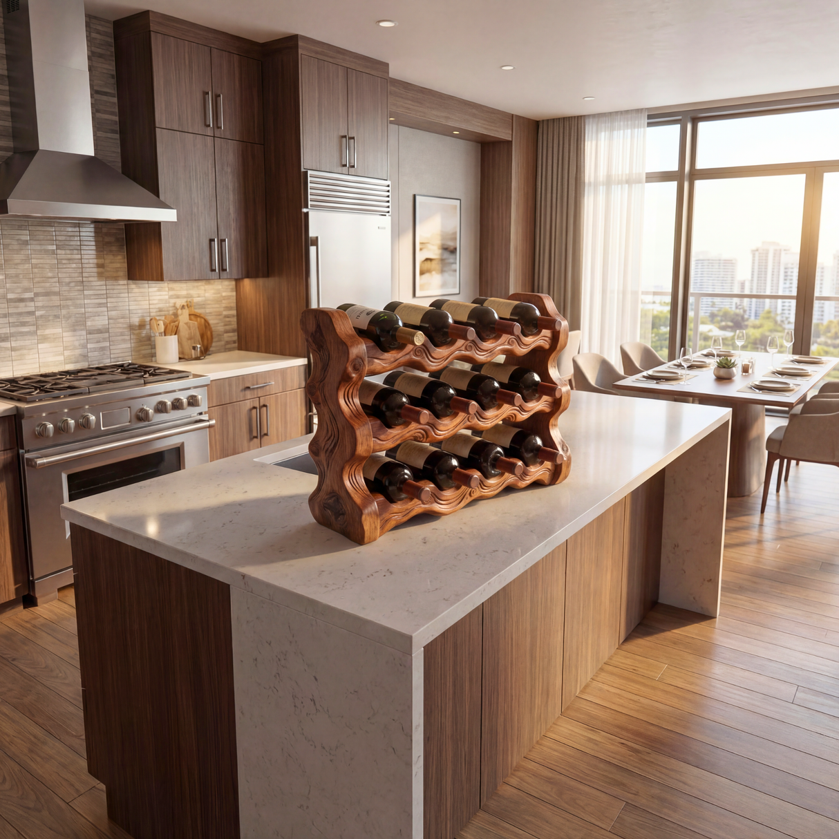Solid Wood Wine Rack Sculptural Wave Design Countertop Bottle Holder