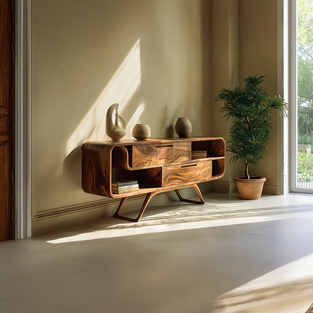 Living Room Sideboard Solid Wood Sideboard Modern Organic Buffet Cabinet Wooden Credenza Mid Century Storage Cabinet Natural Wood
