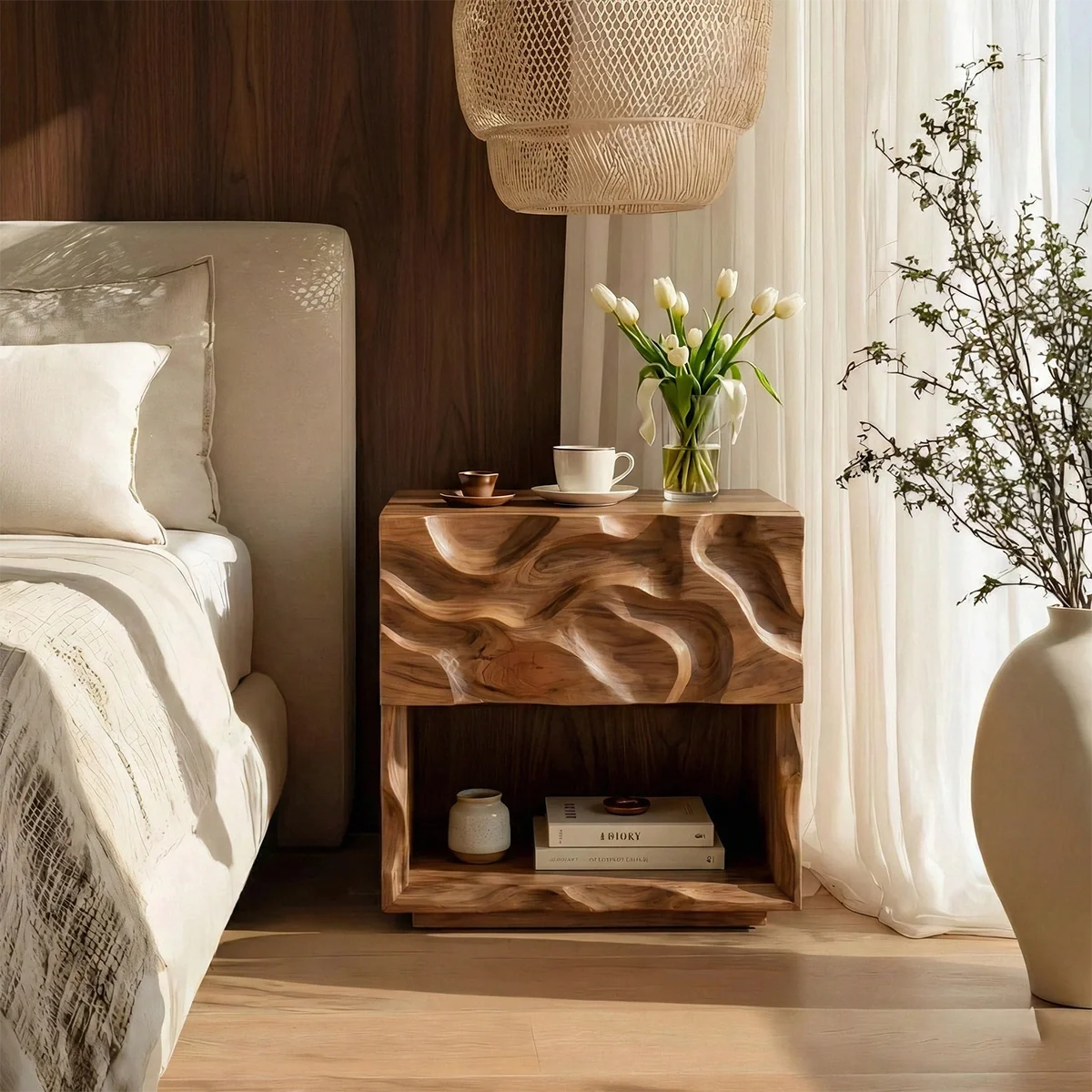 Modern Solid Wood Nightstand with Sculpted Wave Front