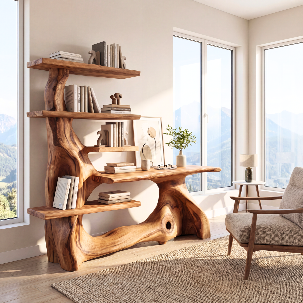 Organic Solid Wood Console Table with Shelving Sculptural Live Edge Entryway Table