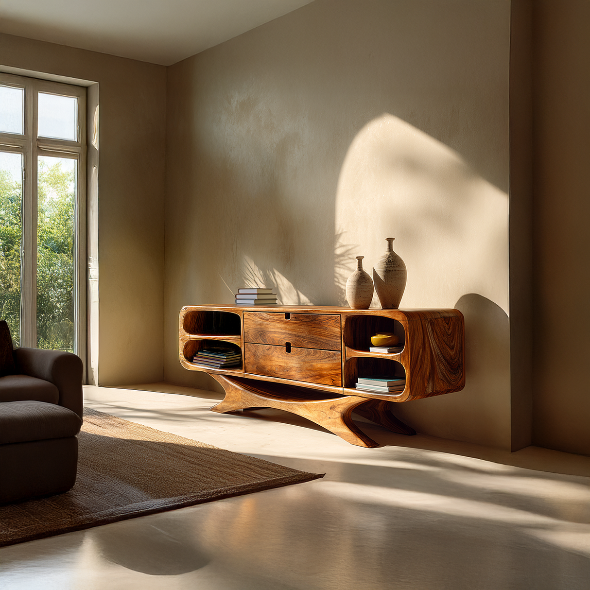 Modern Organic Solid Wood Sideboards Sculptural Media Cabinet Natural Wood Sideboard Credenza for Living Room Storage