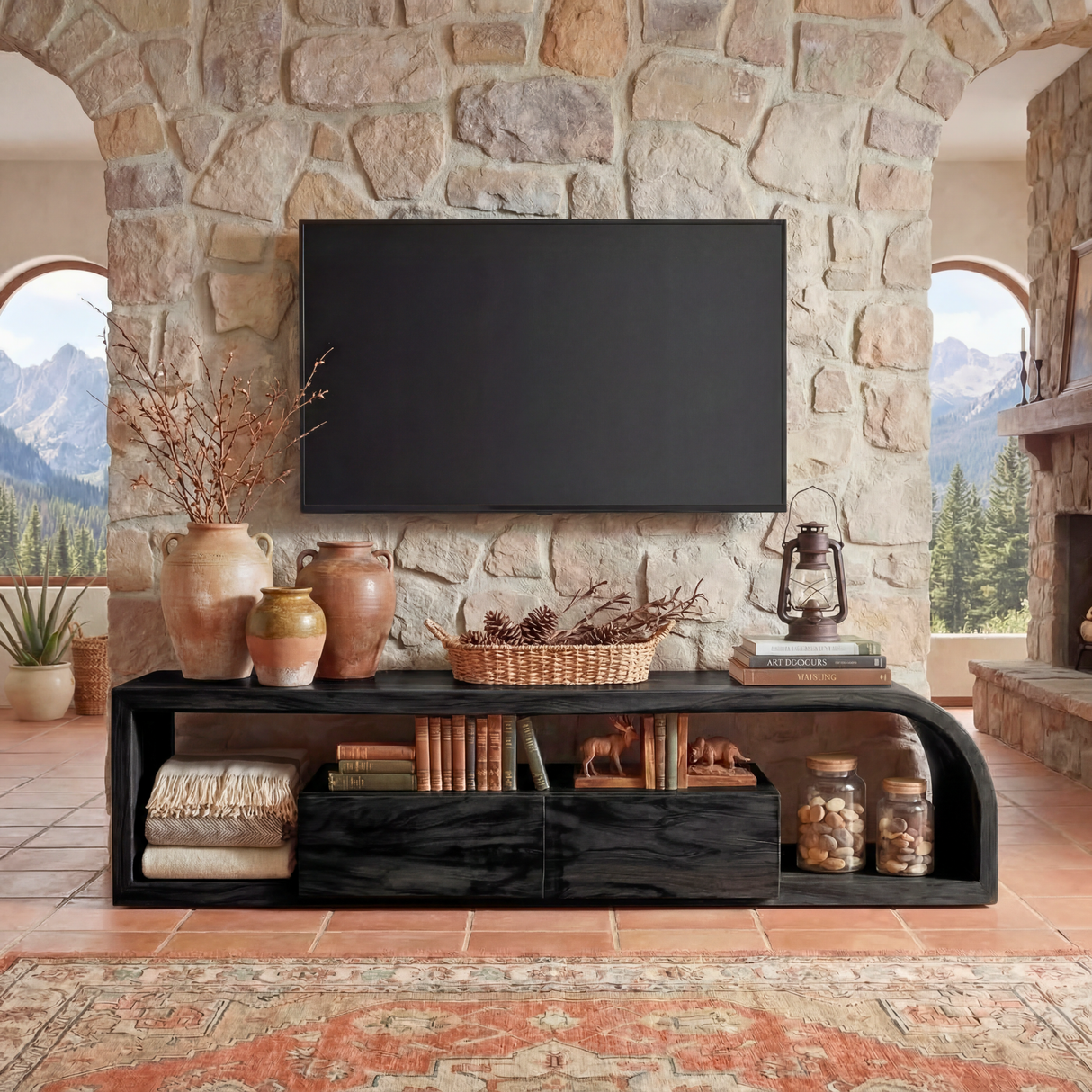 Curved Wood TV Cabinet with Open Shelving, Rustic Modern Media Console for Mediterranean Living Rooms