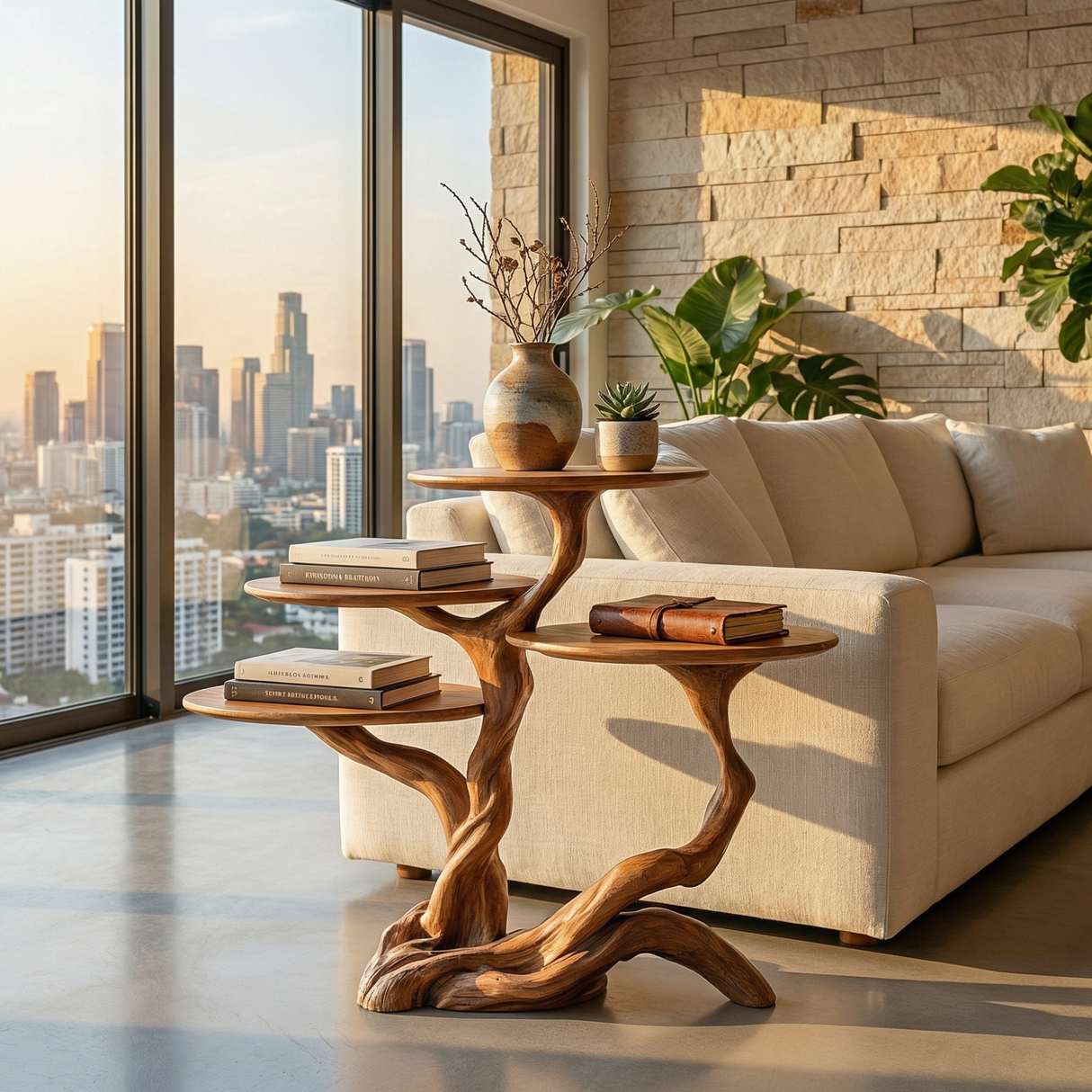 Bonsai Branch Four Tier Wood Display Table with Sculpted Organic Base