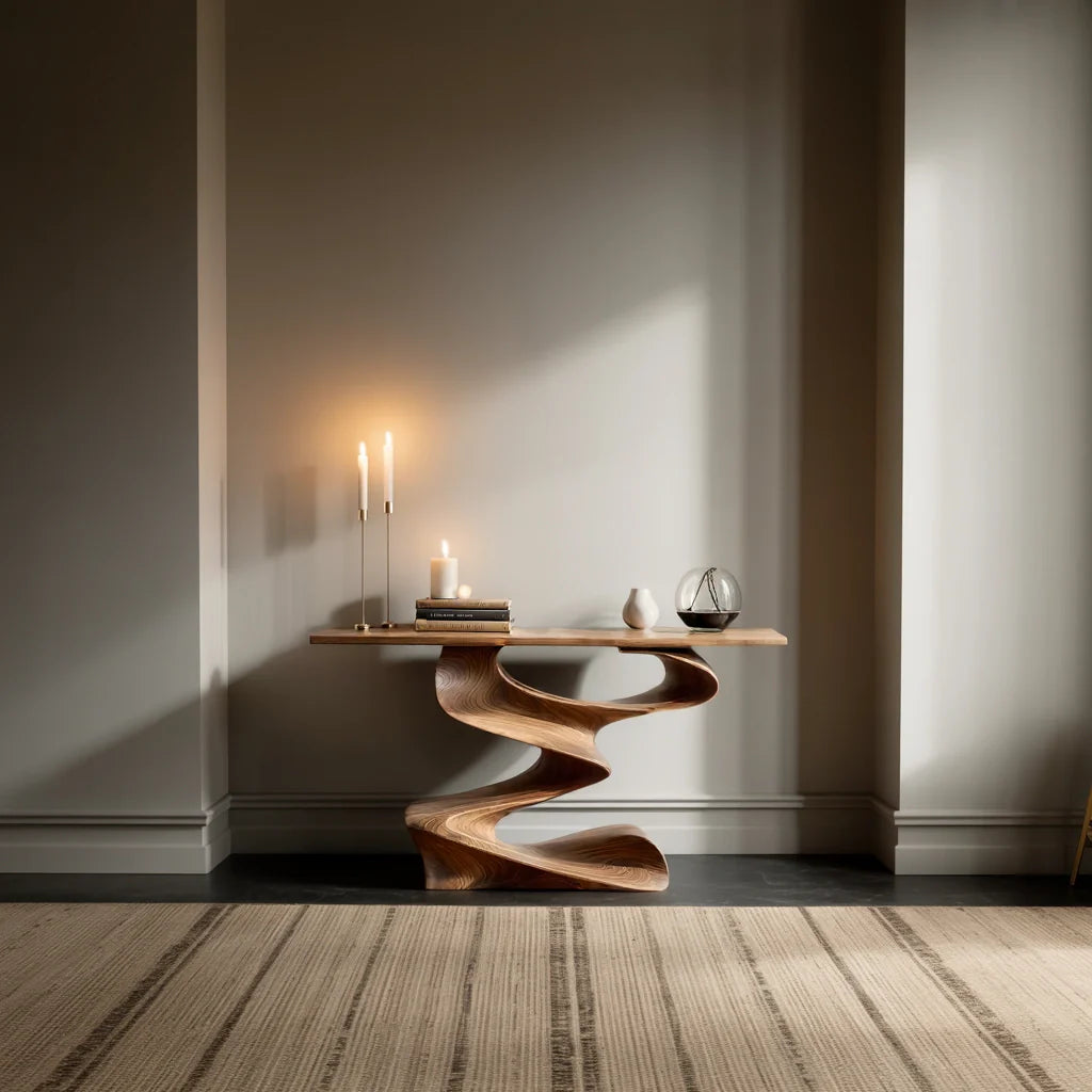 Sculpted Wave Solid Wood Console Table with Organic Pedestal Base