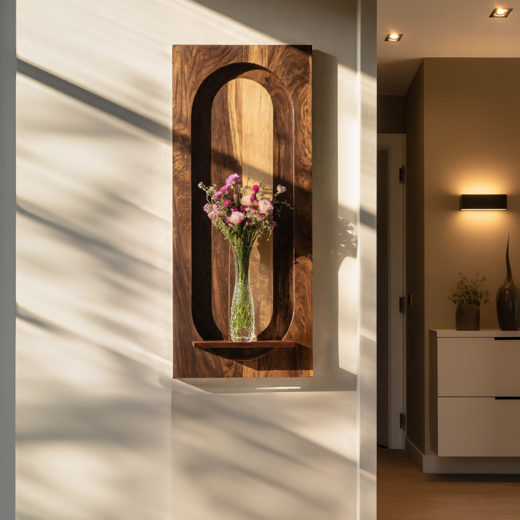 Arched Solid Wood Wall Panel with Floating Display Shelf