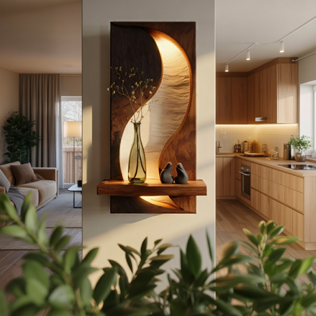 Illuminated Solid Wood Wall Panel with Floating Shelf