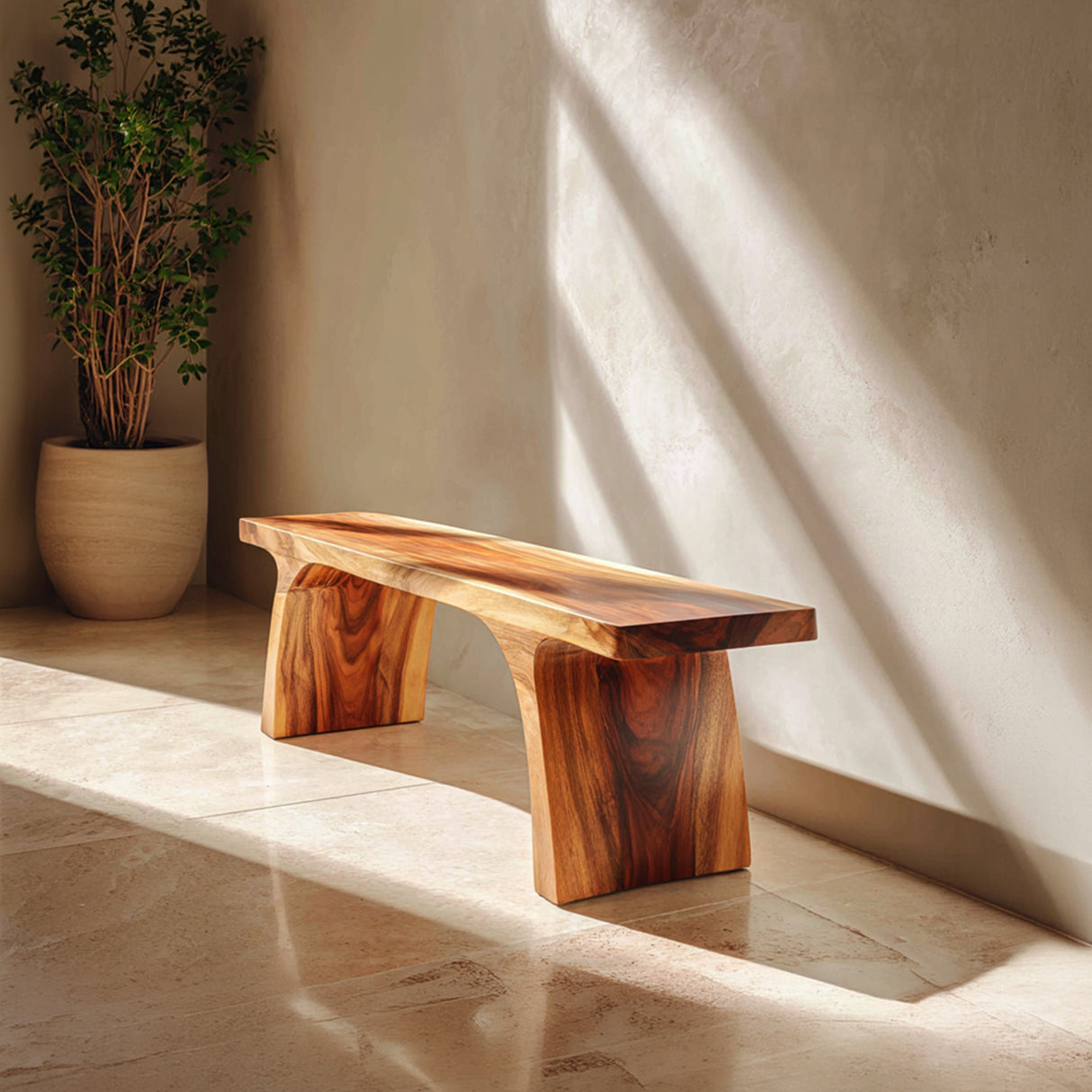 Minimalist Solid Wood Bench with Sculpted Organic Base