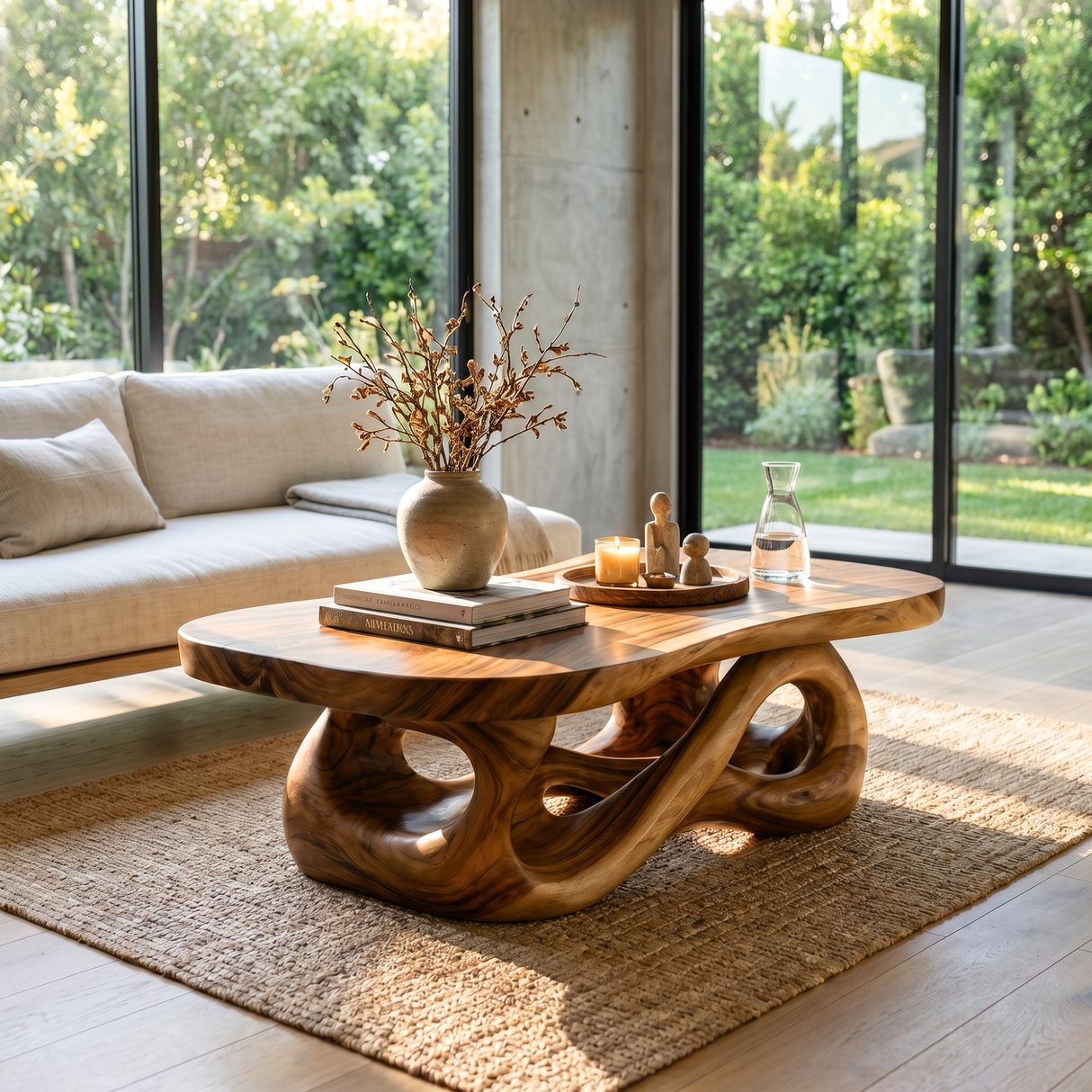 Hand-Carved Solid Wood Coffee Table with Flowing Hollow Base and Natural Slab Top