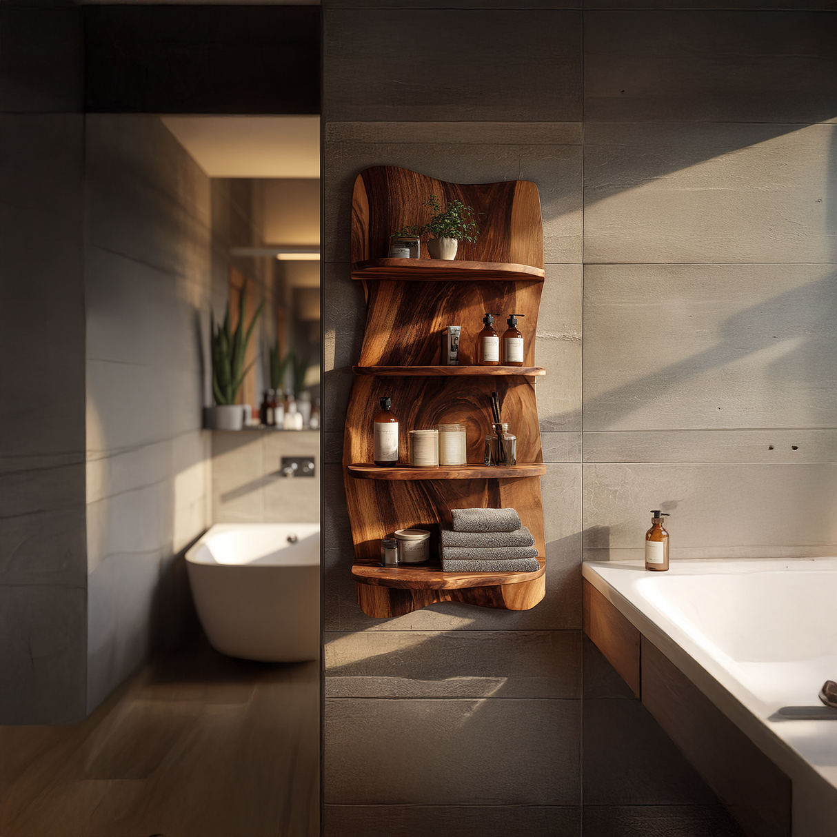 Live Edge Solid Wood Bathroom Wall Shelf