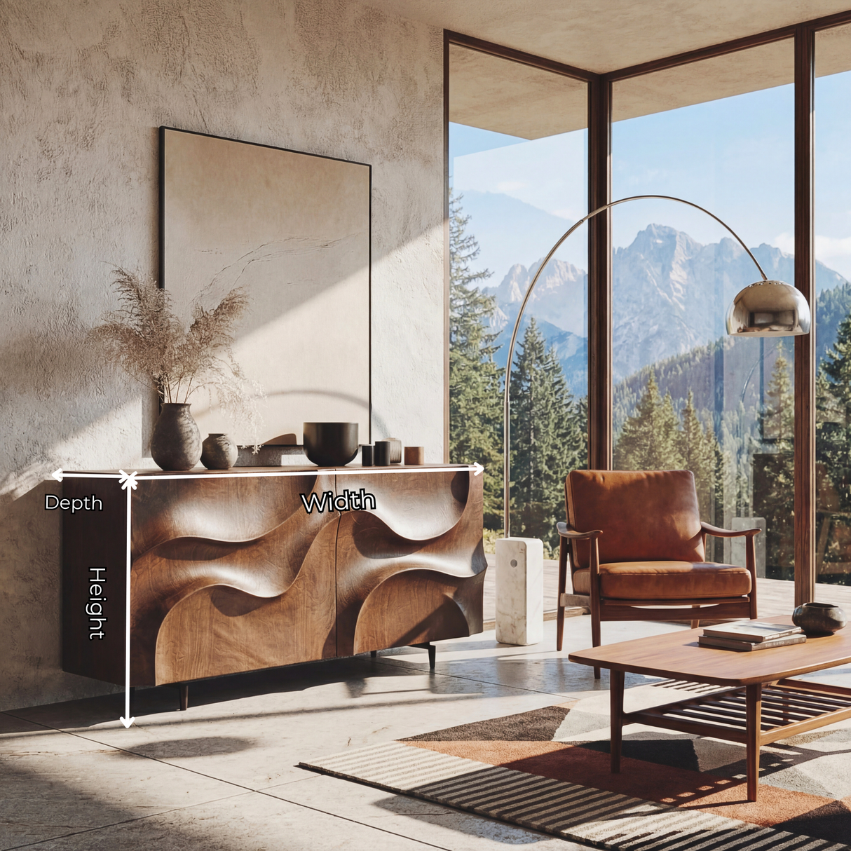 Sculpted Wavefront Solid Wood Sideboard for Modern Living and Dining Room