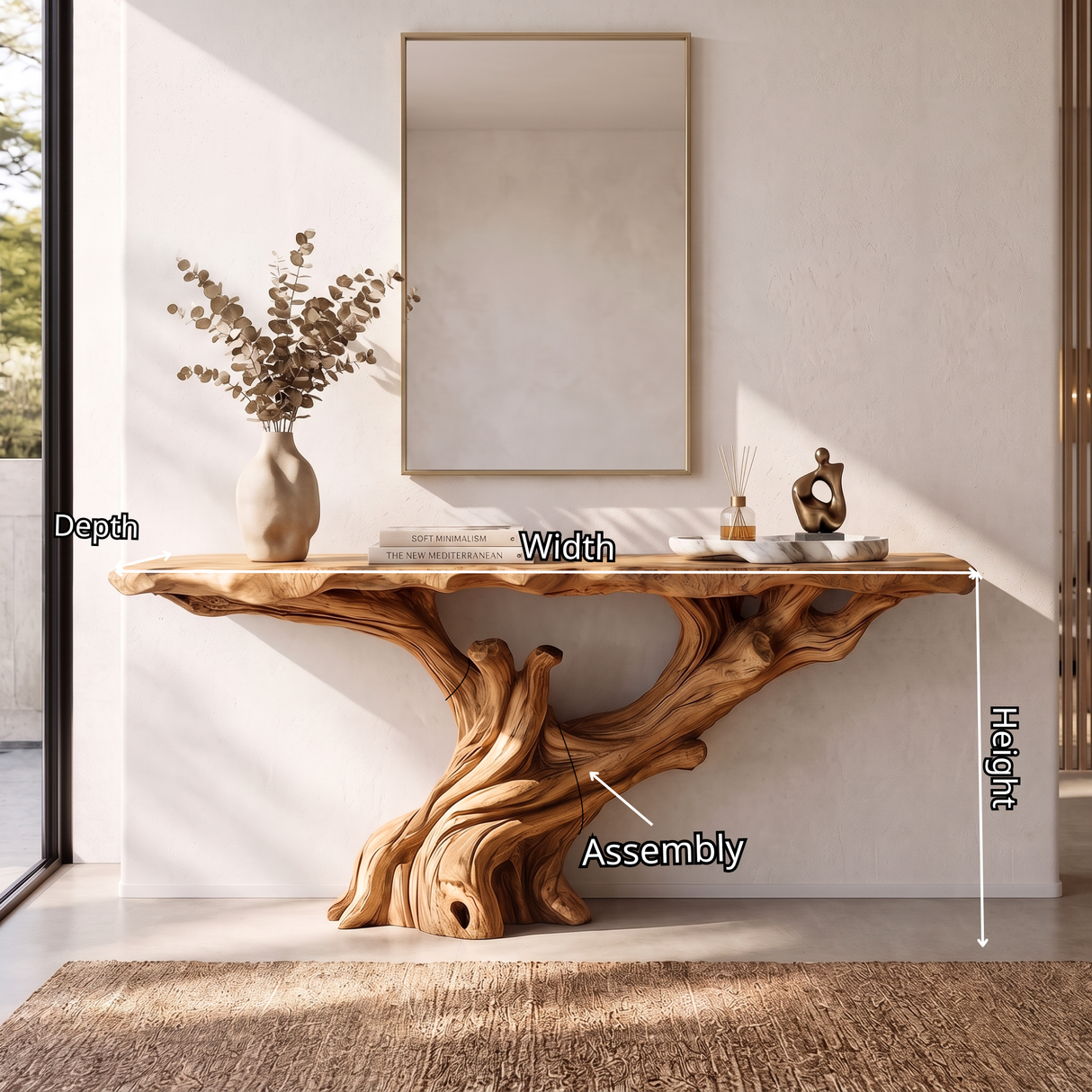 Console Table Solid Wood with Sculptural Tree Branch Base for Entryway