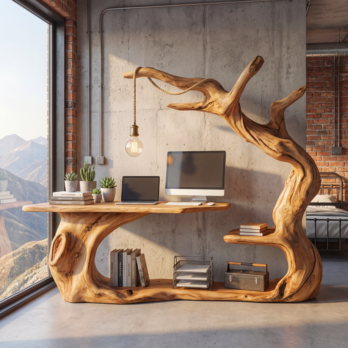 Organic Sculptural Wood Workstation with Hanging Lamp and Storage Shelf