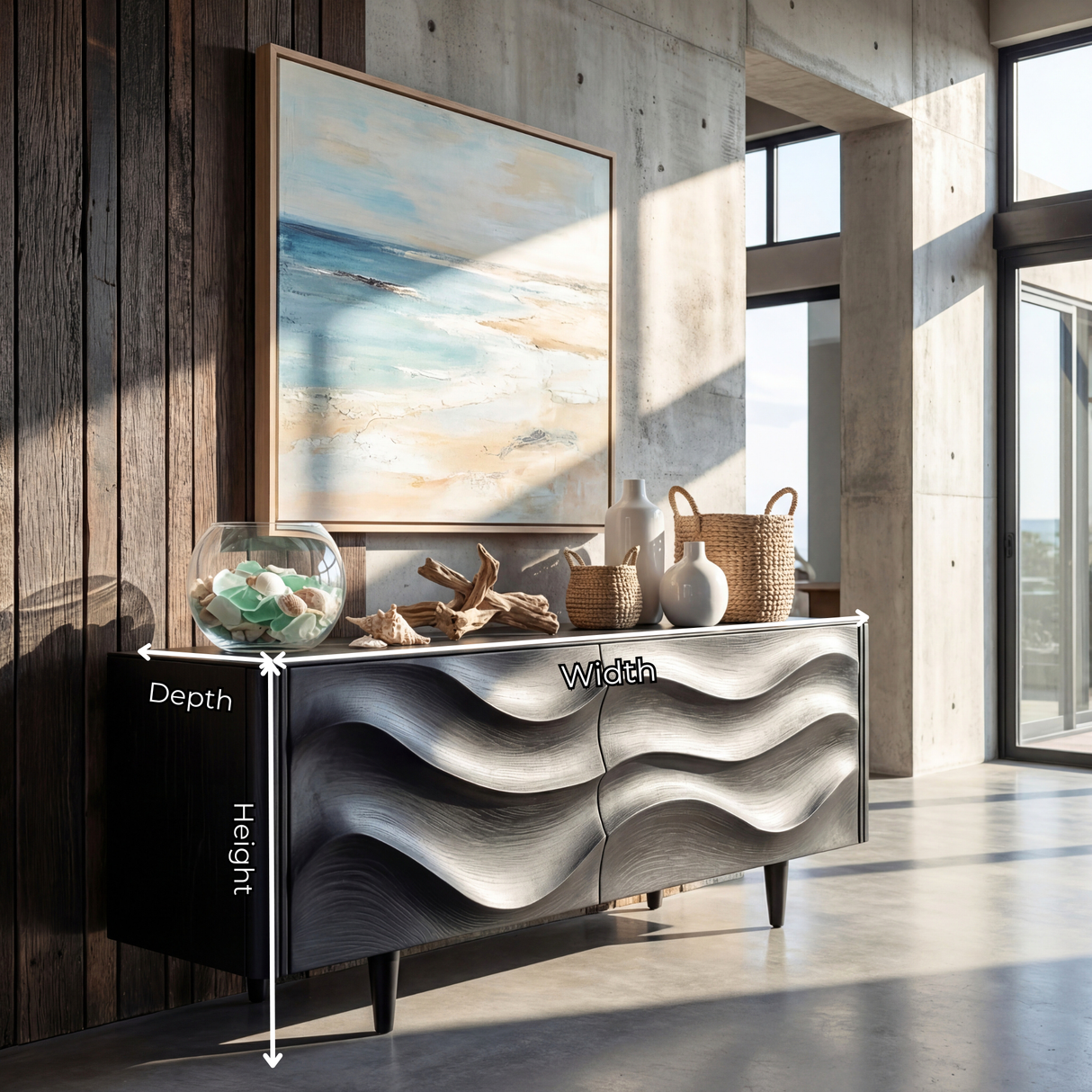 Sculpted Black Wave Sideboard for Modern Living Room and Dining Storage
