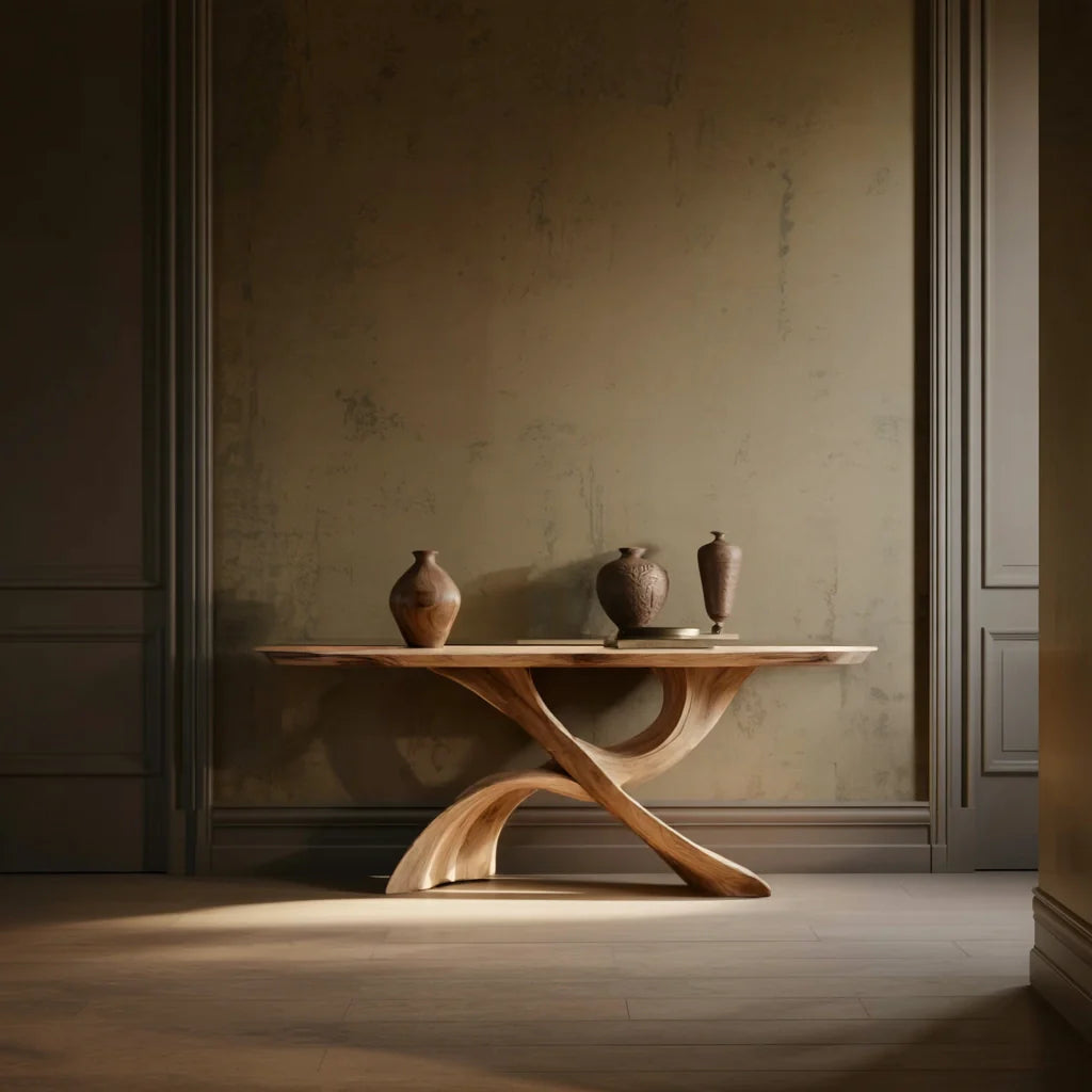 Contemporary Sculptural Solid Wood Console Table with Curved Arch Base