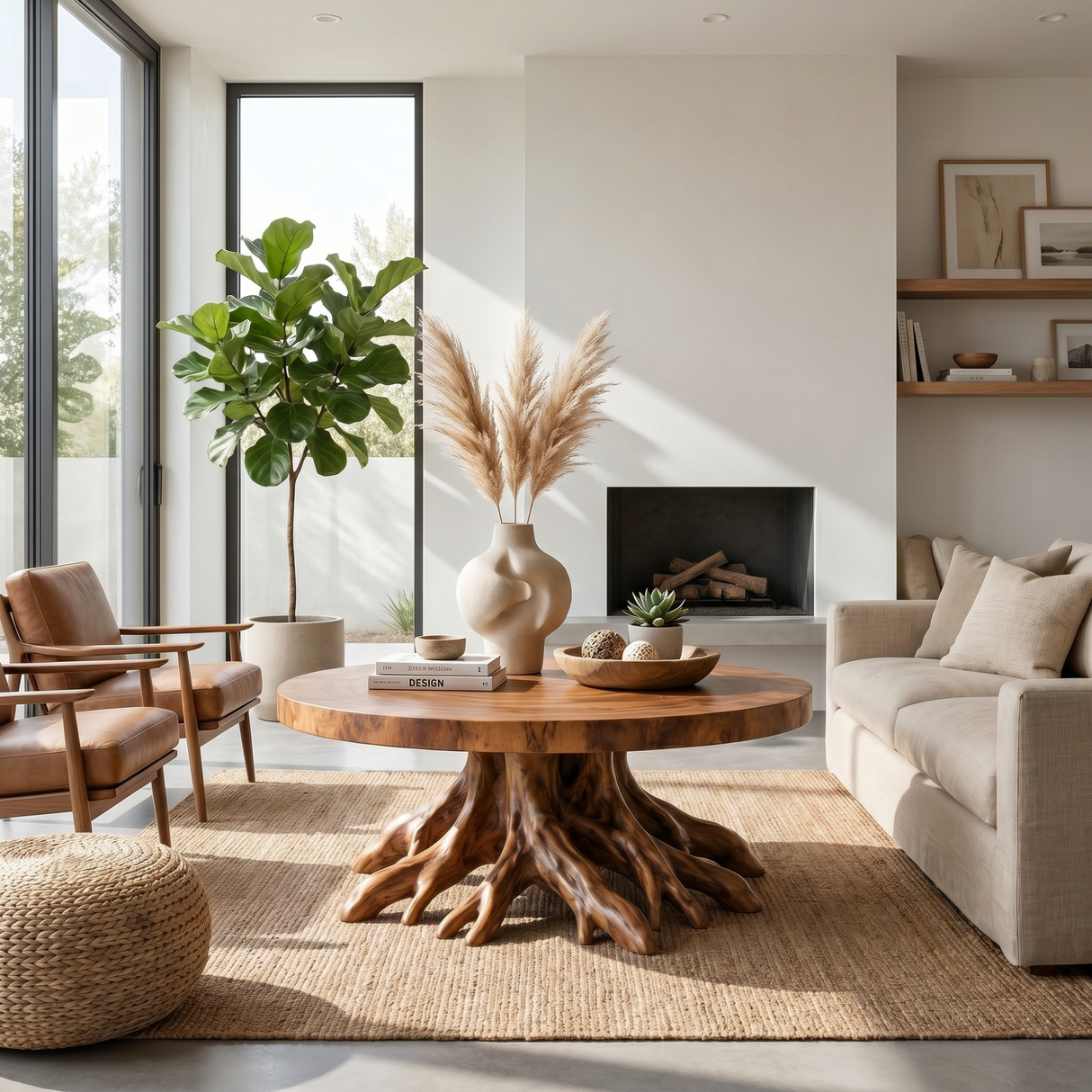 Round Solid Wood Coffee Table with Sculptural Root Base