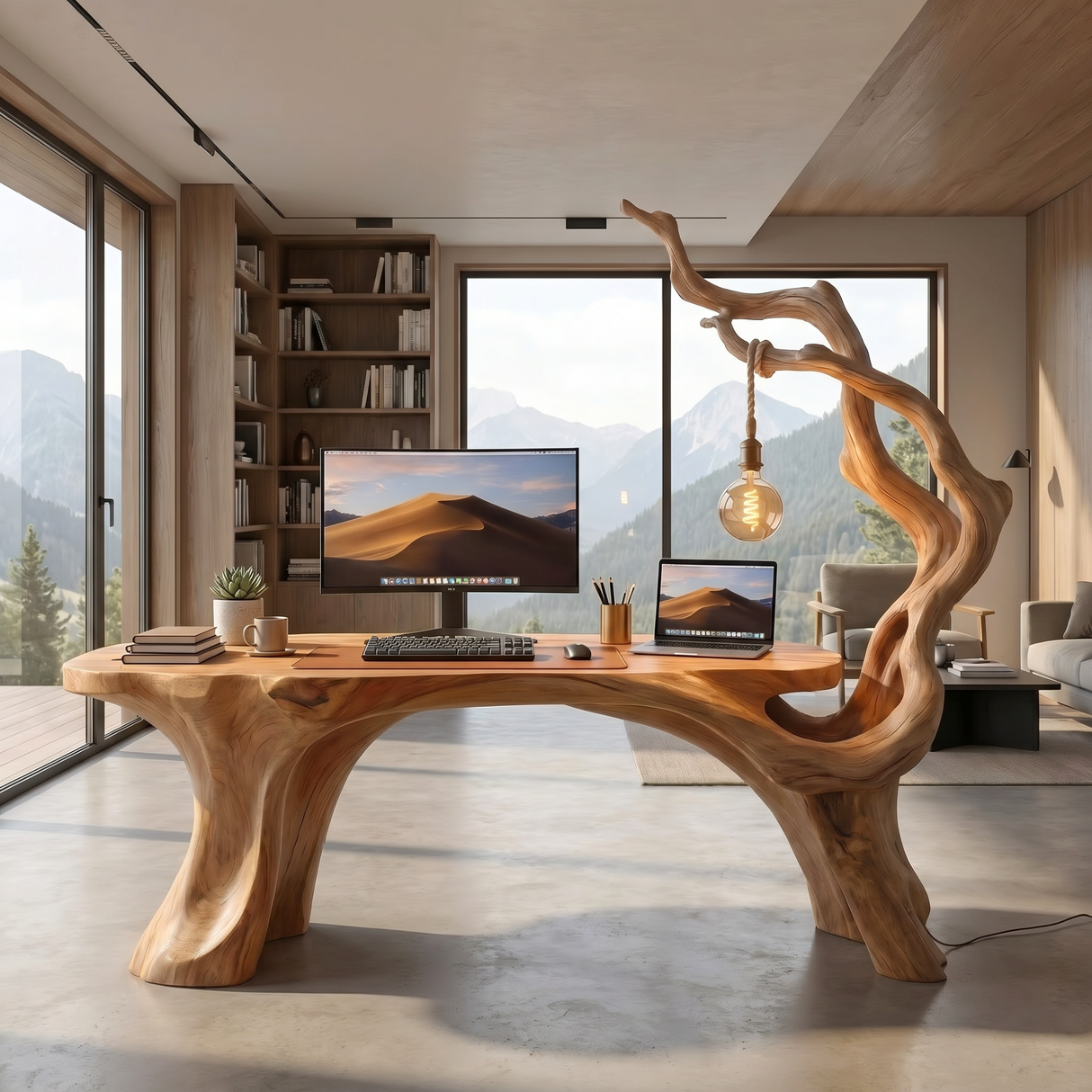 Handmade Solid Wood Sculptural Desk With Hanging Lamp Organic Modern Artistic Workspace Table