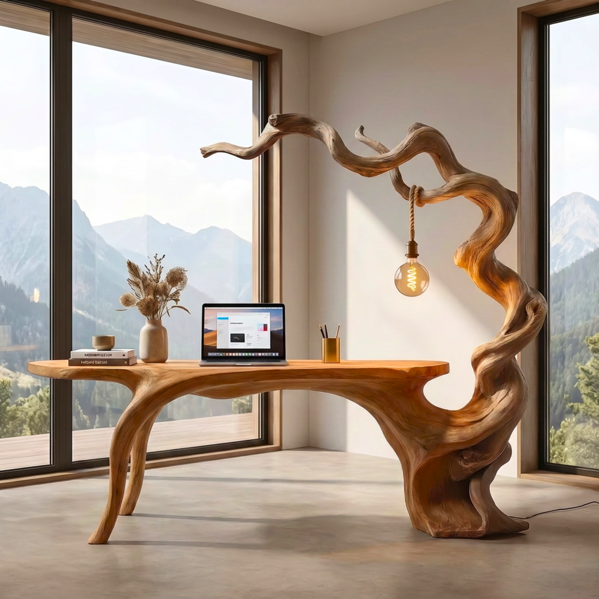 Twisted Branch Solid Wood Desk With Hanging Lamp Organic Modern Sculptural Workspace