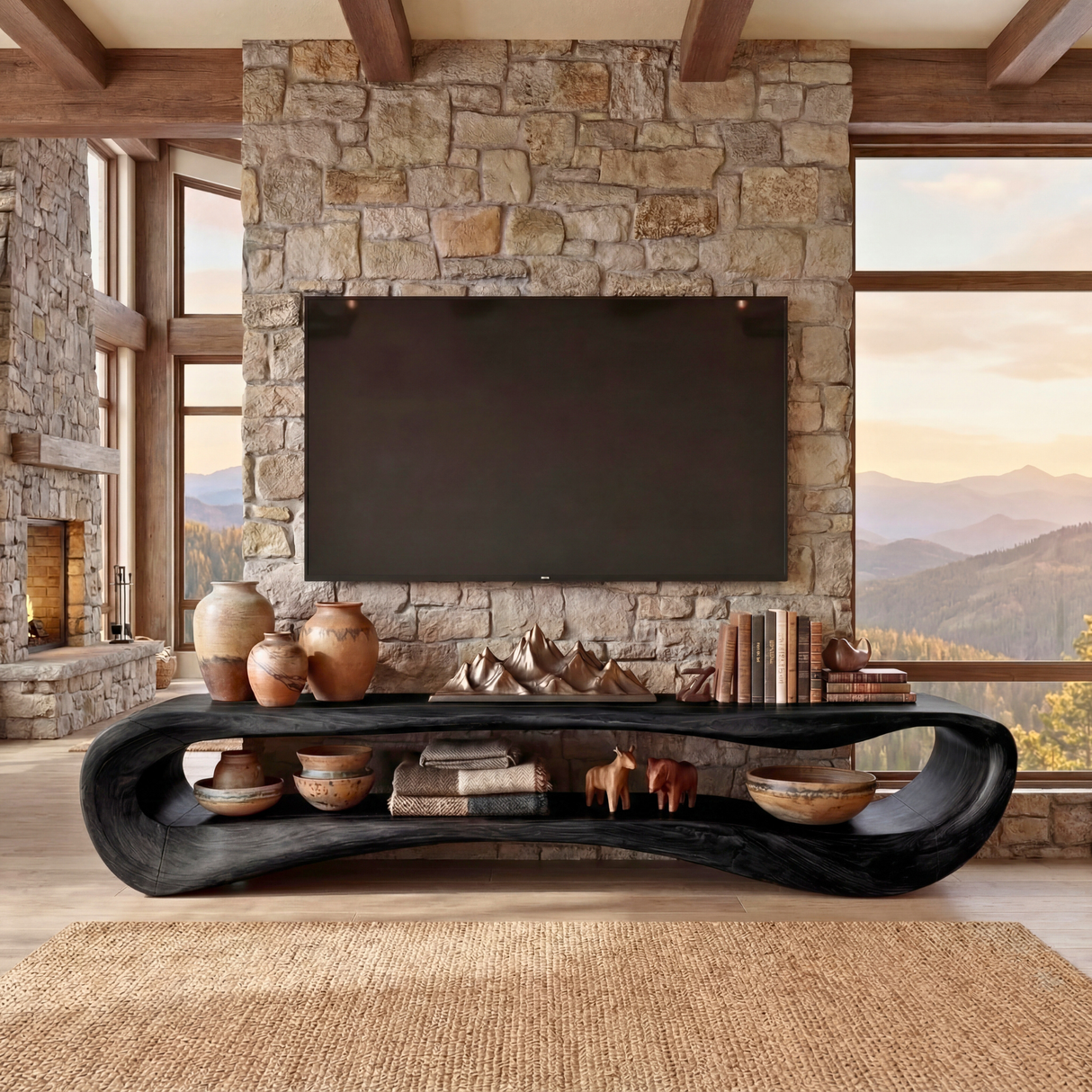 Sculptural Solid Wood TV Cabinet, Organic Modern Media Console for Living Room