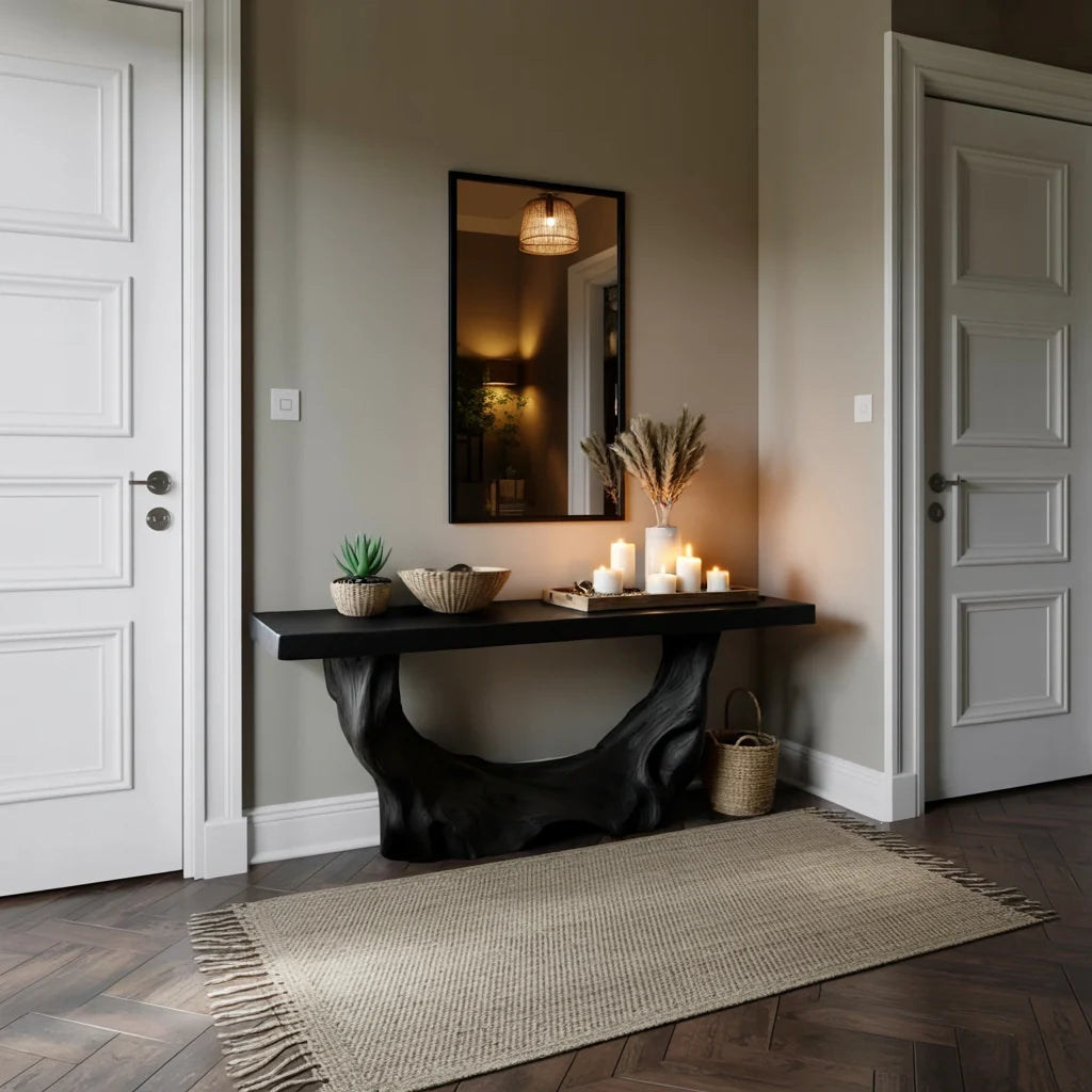 Organic Sculptural Live Edge Wood Console Table with Solid Driftwood Base