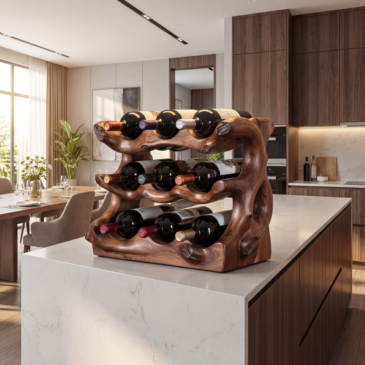 Rustic Solid Wood Wine Rack Natural Edge Bottle Holder Multi Tier Dining Table Display