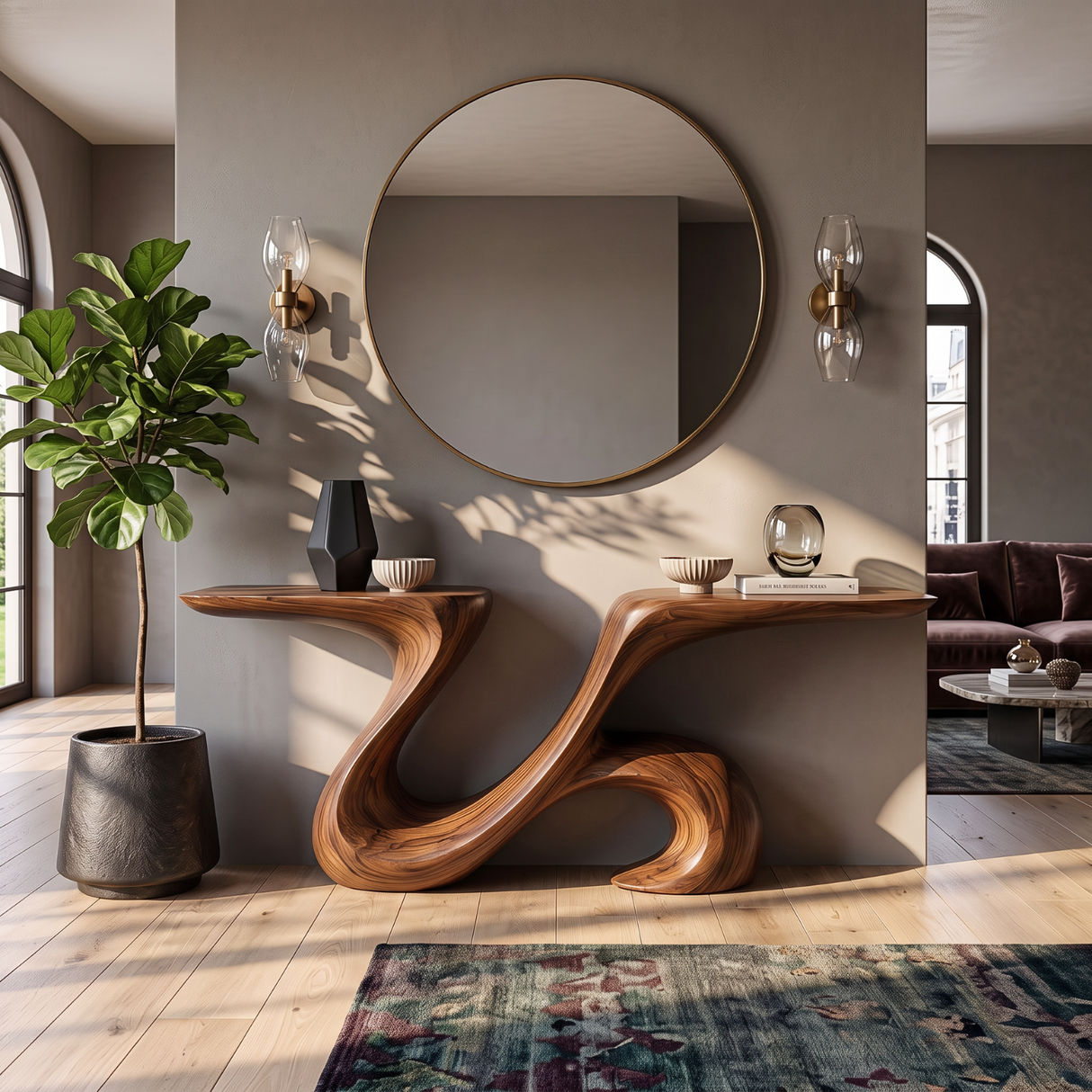 Console Table Solid Wood with Sculptural Double Wing Base for Entryway Decor