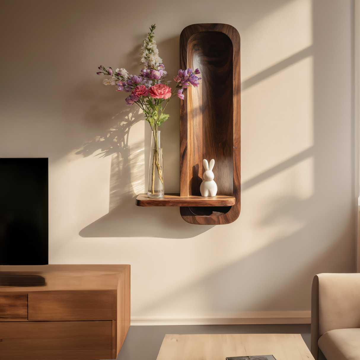 Minimalist Solid Wood Wall Niche Shelf with Sculpted Back Panel