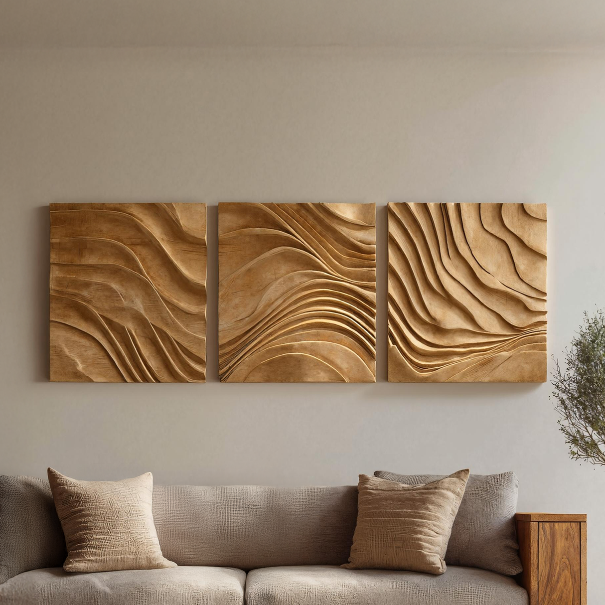 Handcarved Solid Wood Wall Art Set for Modern Living Room