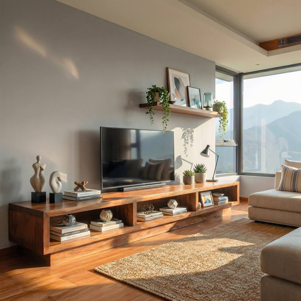 Solid Wood TV Cabinet with Open Display Shelves for Contemporary Living Rooms
