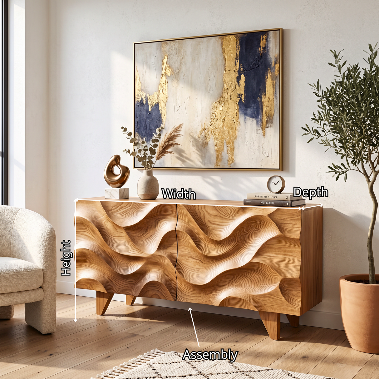 Sideboard Solid Wood with Sculptural Wave Carved Doors for Living Room Decor