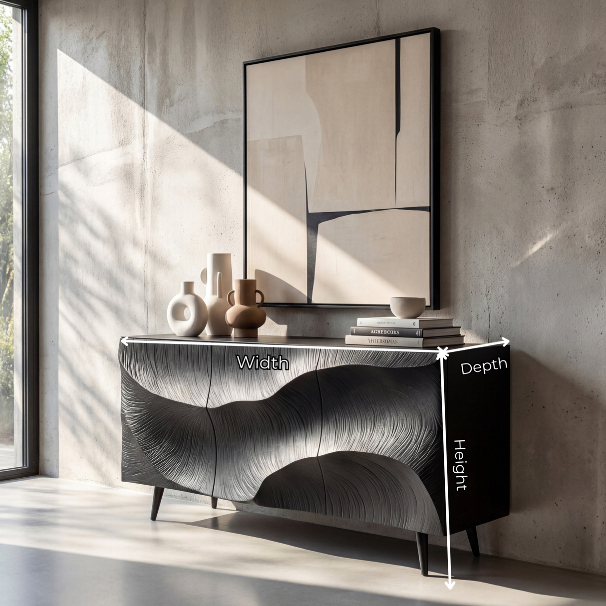 Sculpted Black Feather Front Wood Sideboard Cabinet for Modern Living and Dining Rooms