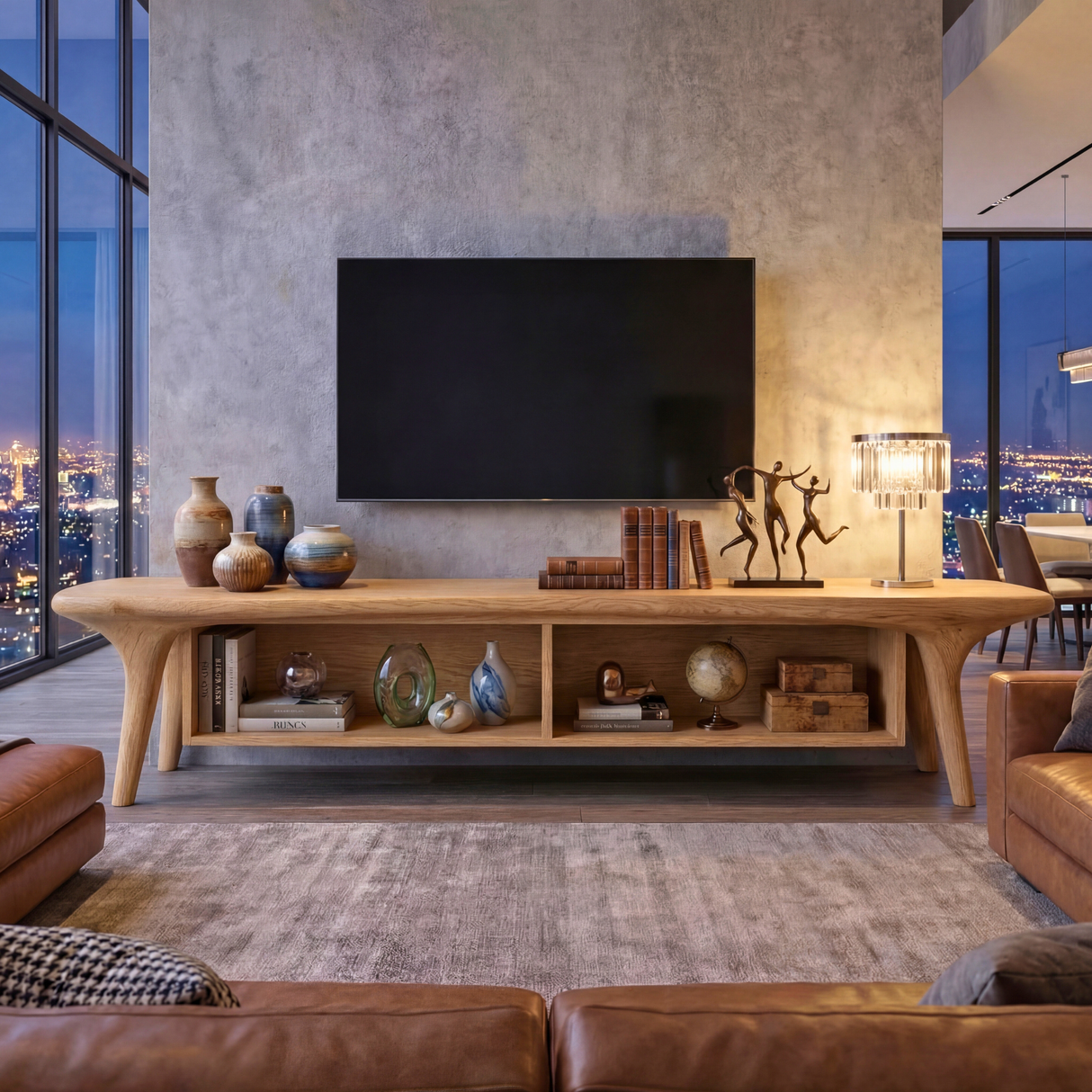 Solid Wood TV Cabinet with Open Shelving, Mediterranean Modern Media Console