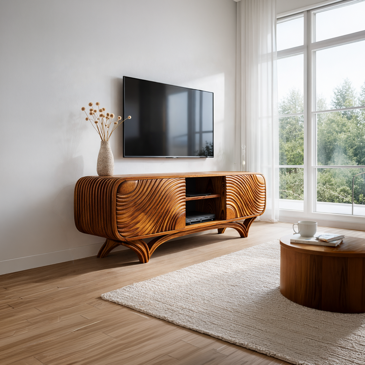 Sculptural Solid Wood TV Stand with Organic Wave Carving