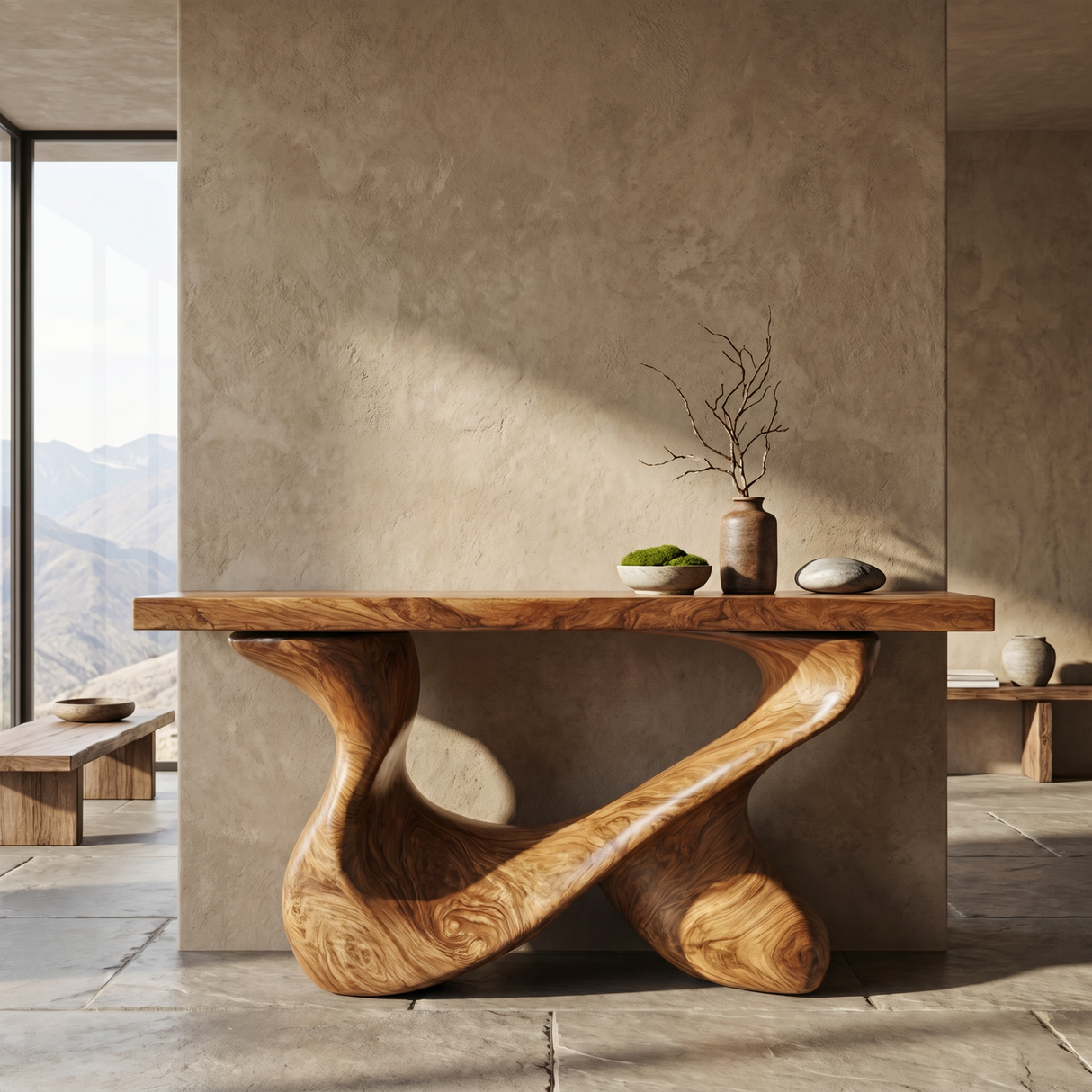Console Table Solid Wood with Interlocking Loop Base for Entryway Decor