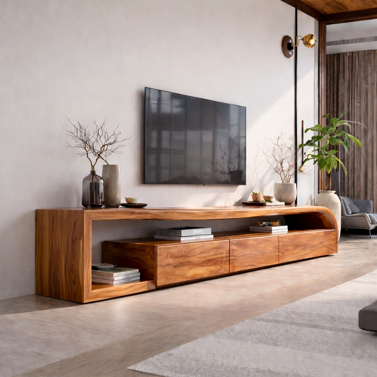 Sculptural Solid Wood TV Console with Curved Side Shelf and Storage Drawers