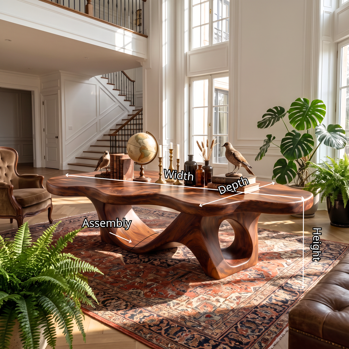 Coffee Table Solid Wood with Sculptural Double Loop Base for Living Room