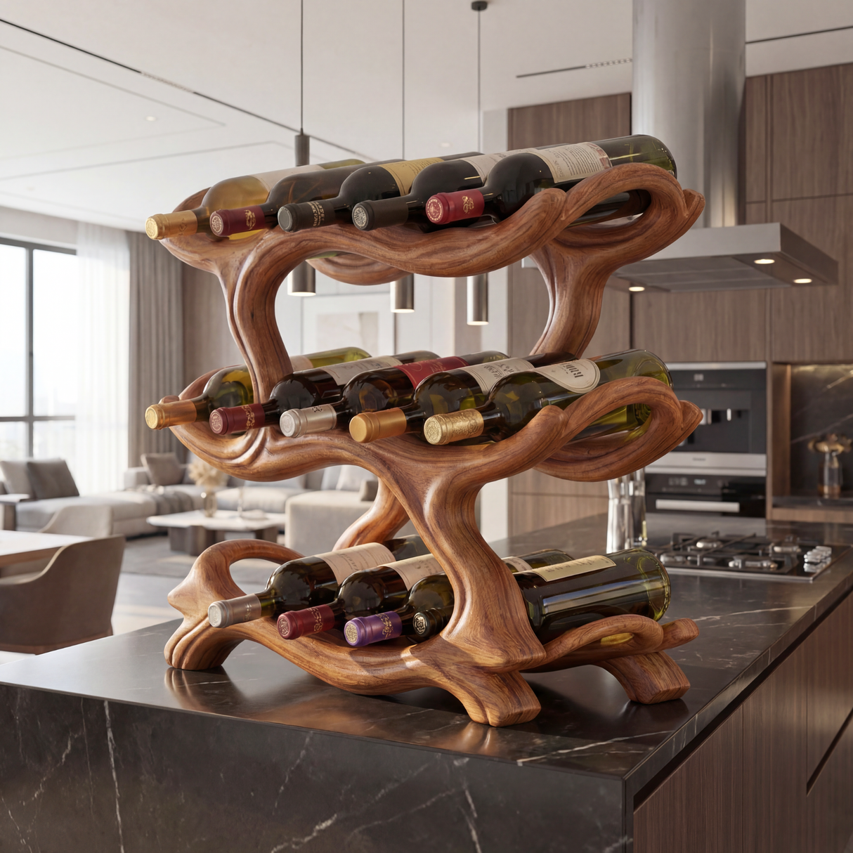 Organic Solid Wood Wine Rack Multi Tier Sculptural Bottle Holder for Kitchen Counter Display