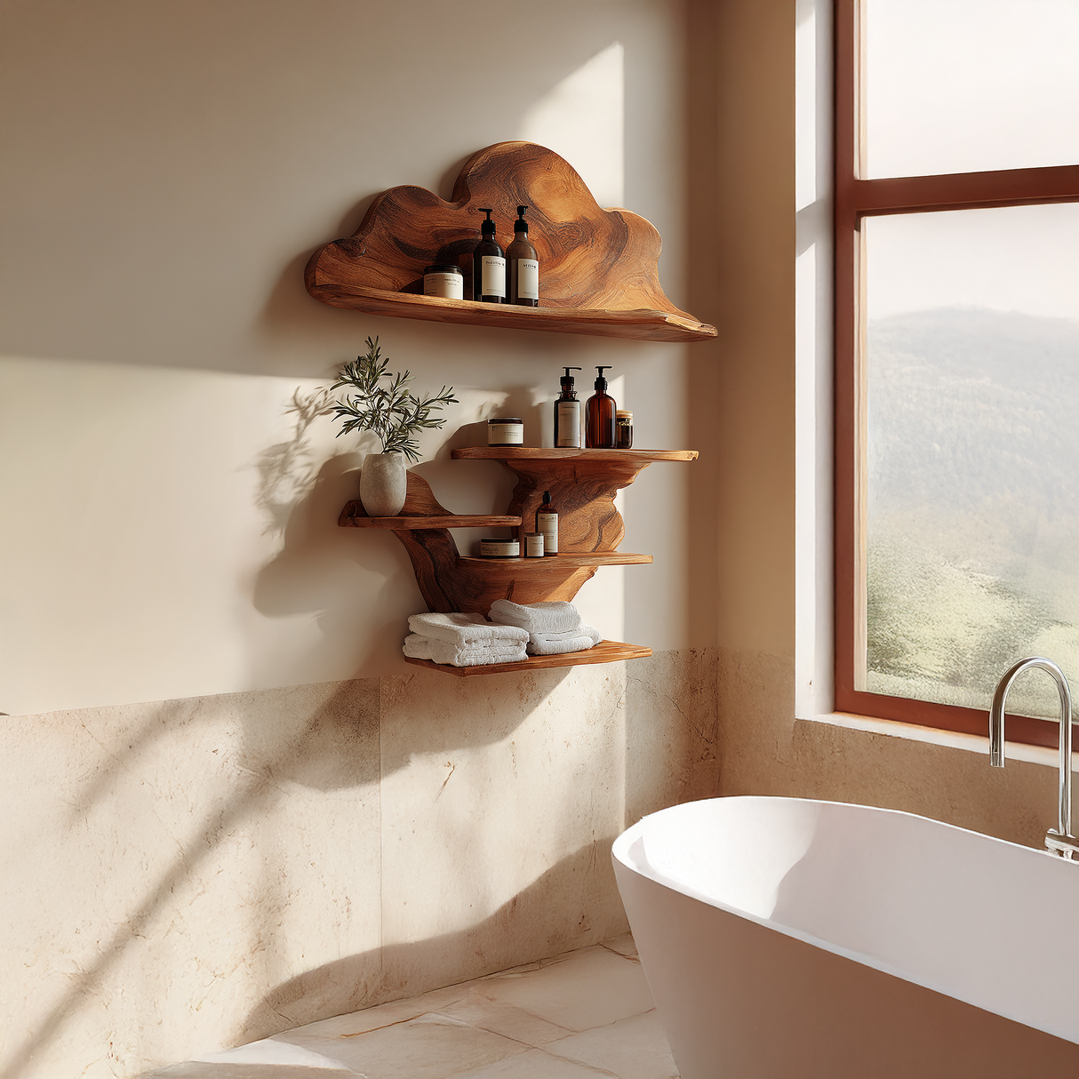 Artisan Solid Wood Wall Shelves with Sculpted Back Panel