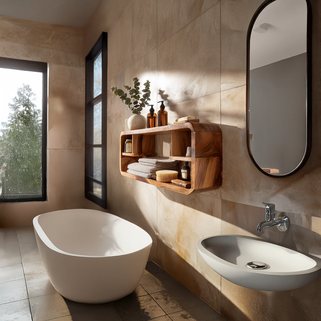 Curved Solid Wood Wall Cabinet Shelf for Modern Bath