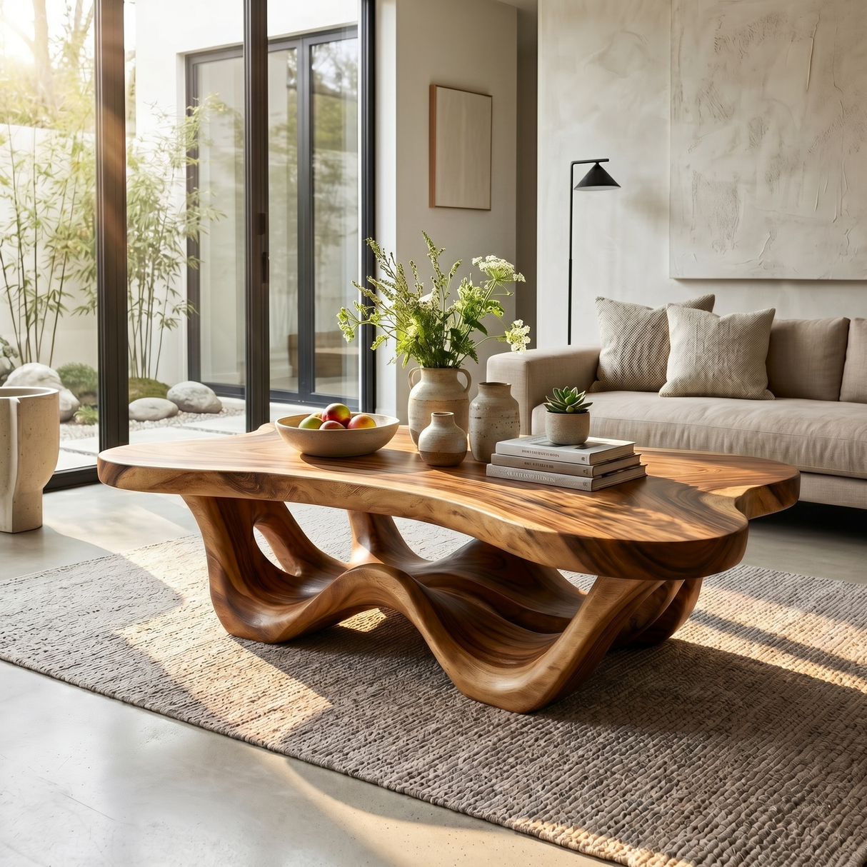 Handcrafted Solid Wood Coffee Table with Waveform Open Base