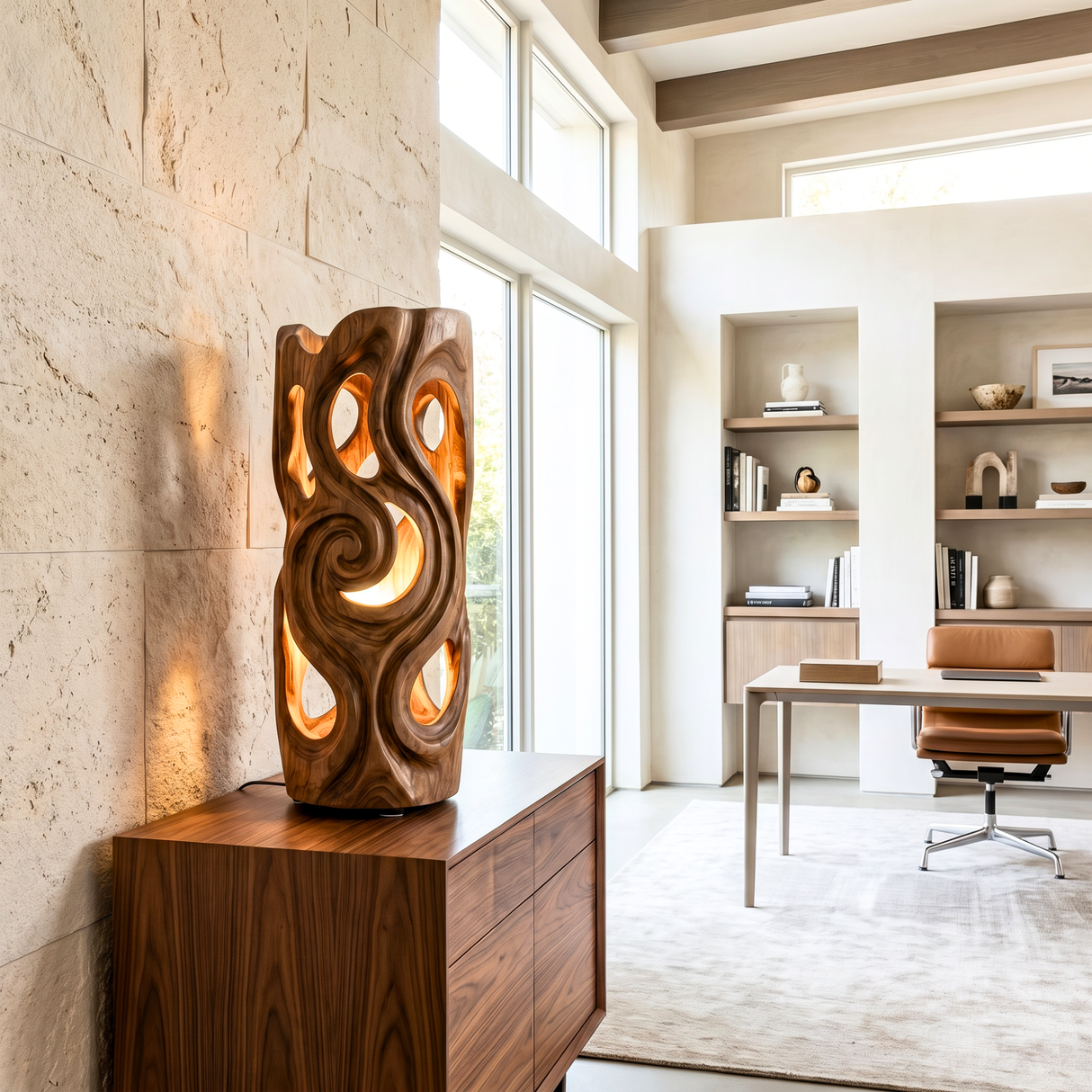 Carved Swirl Wood Table Lamp with Organic Cutouts